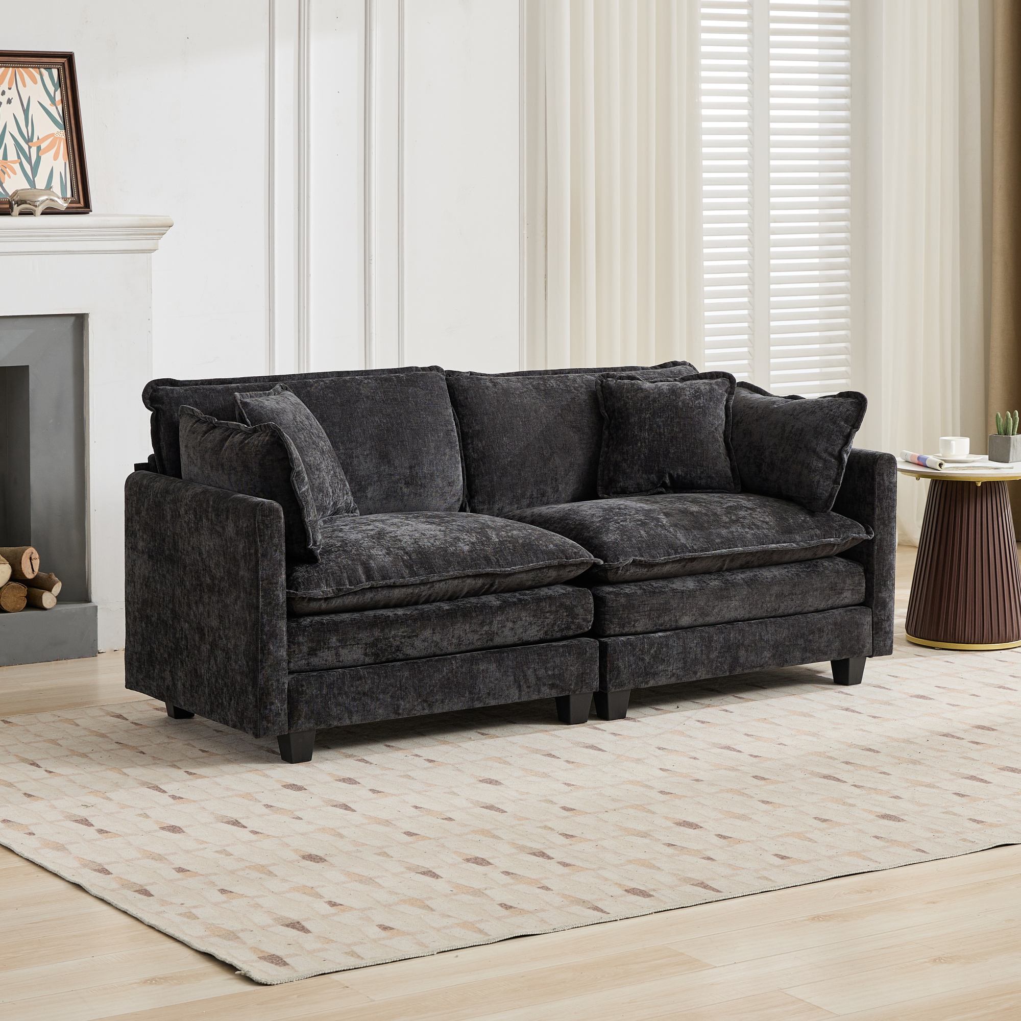 Canapé 2 places en velours noir, assise rembourrée double couche et coussin d'appui pour salon