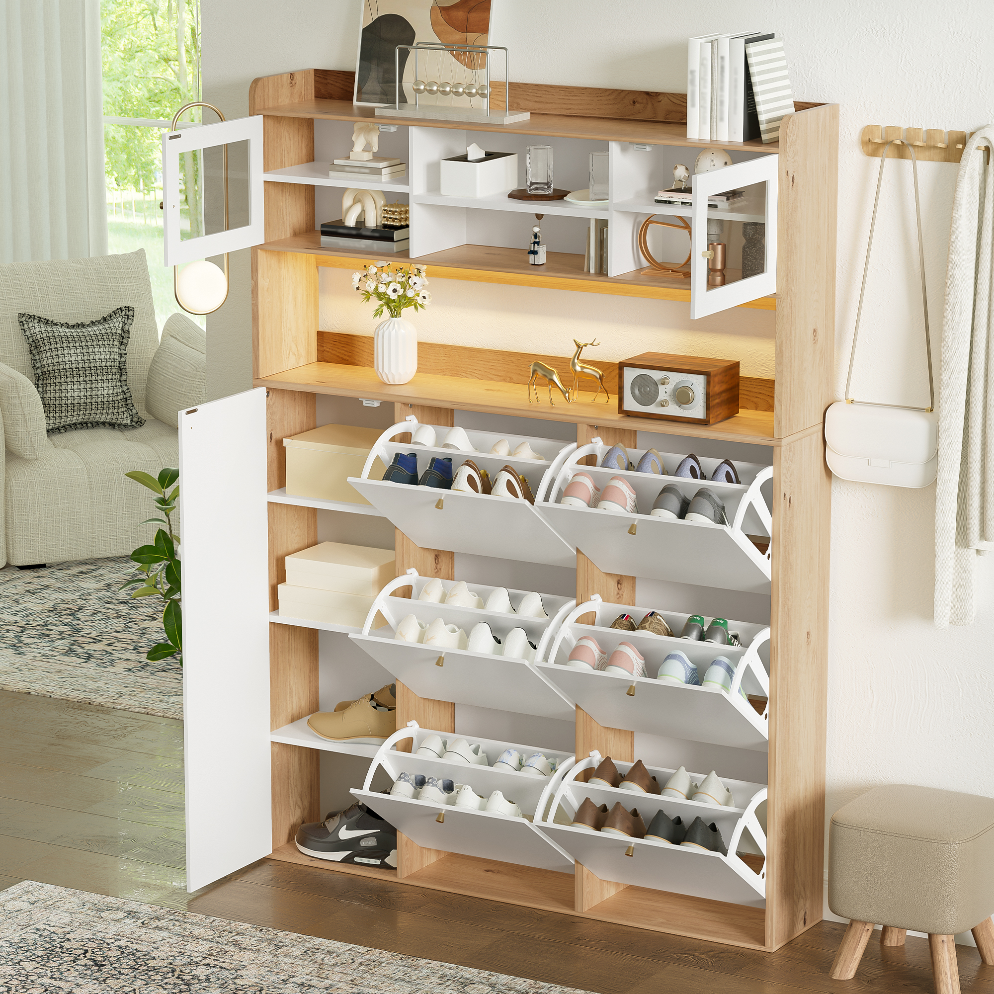 Meuble à chaussures étroit 130x25x85 cm avec LED ajustable et façade vitrée, rangement modulaire pour couloir