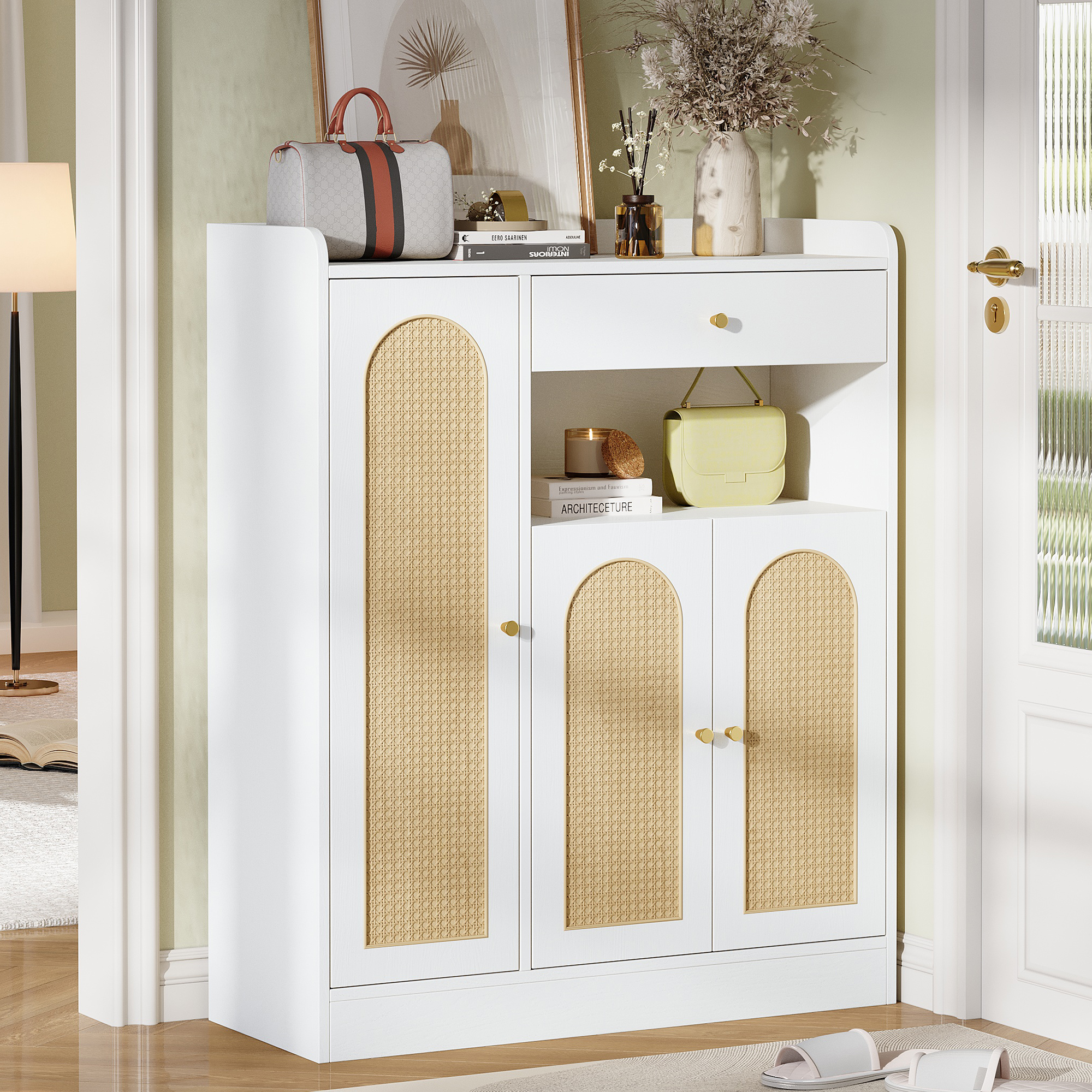 Armoire rangement 90x35x110 cm, Meuble à chaussures 3 portes, capacité adaptée couloir, charge max 50 kg par plateau
