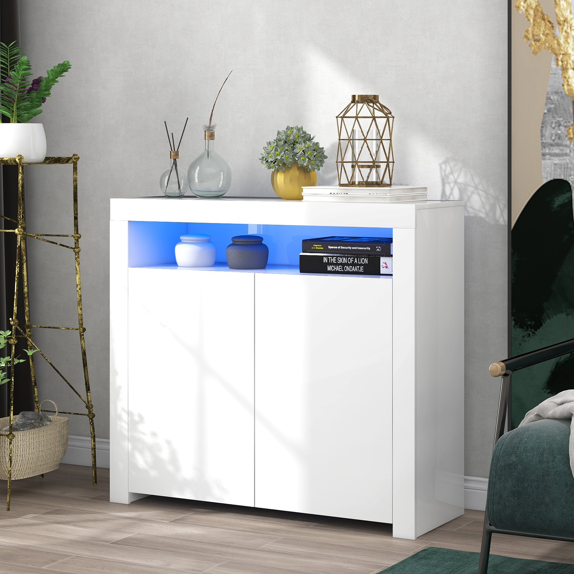 Buffet Salon avec LED RGB et Port USB Meuble Rangement 2 Portes 108x40x92 cm Design Contemporain