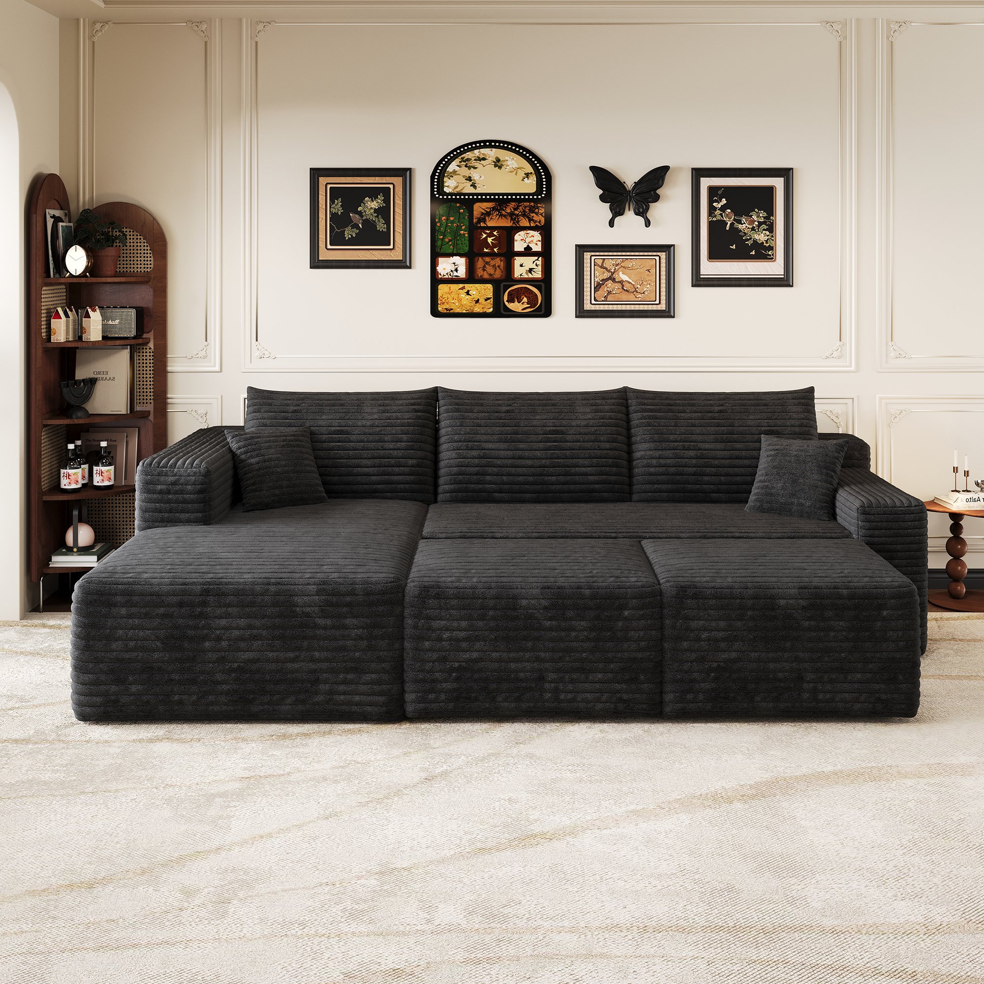 Canapé d'angle confort profond mousse haute élasticité, ouverture immédiate sans outils, format 241cm