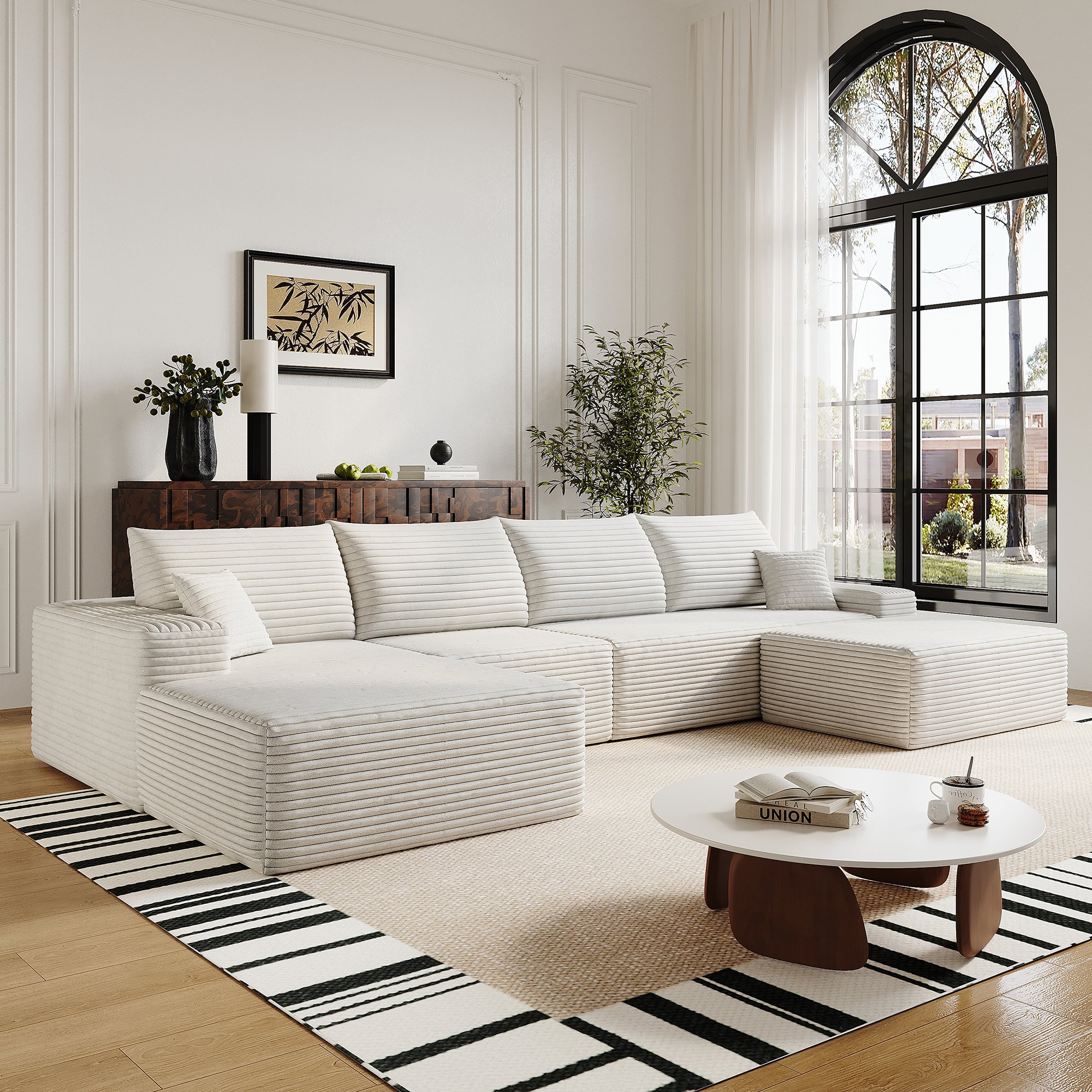 Canapé d'angle blanc 340cm sans montage, tissu velours côtelé, mousse haute densité, format L avec méridienne pour salon moderne