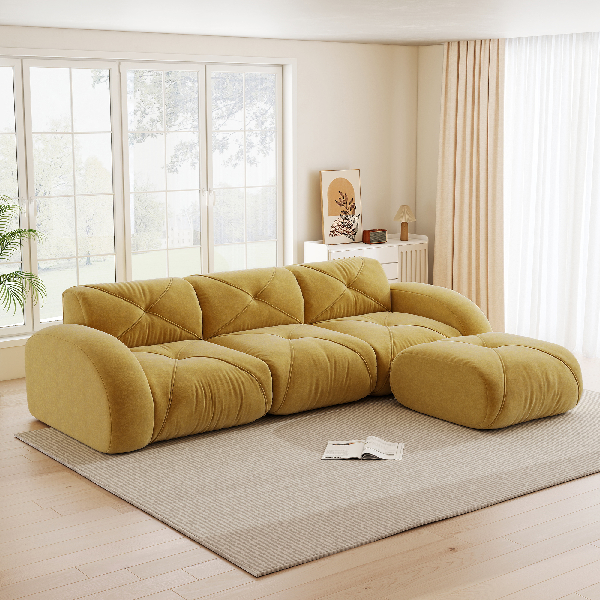 Fauteuil Relax Modulaire L-Forme avec Repose-Pieds, Tissu Chenille Anti-Abrasion Couleur Jaune, Idéal Familles et Animaux