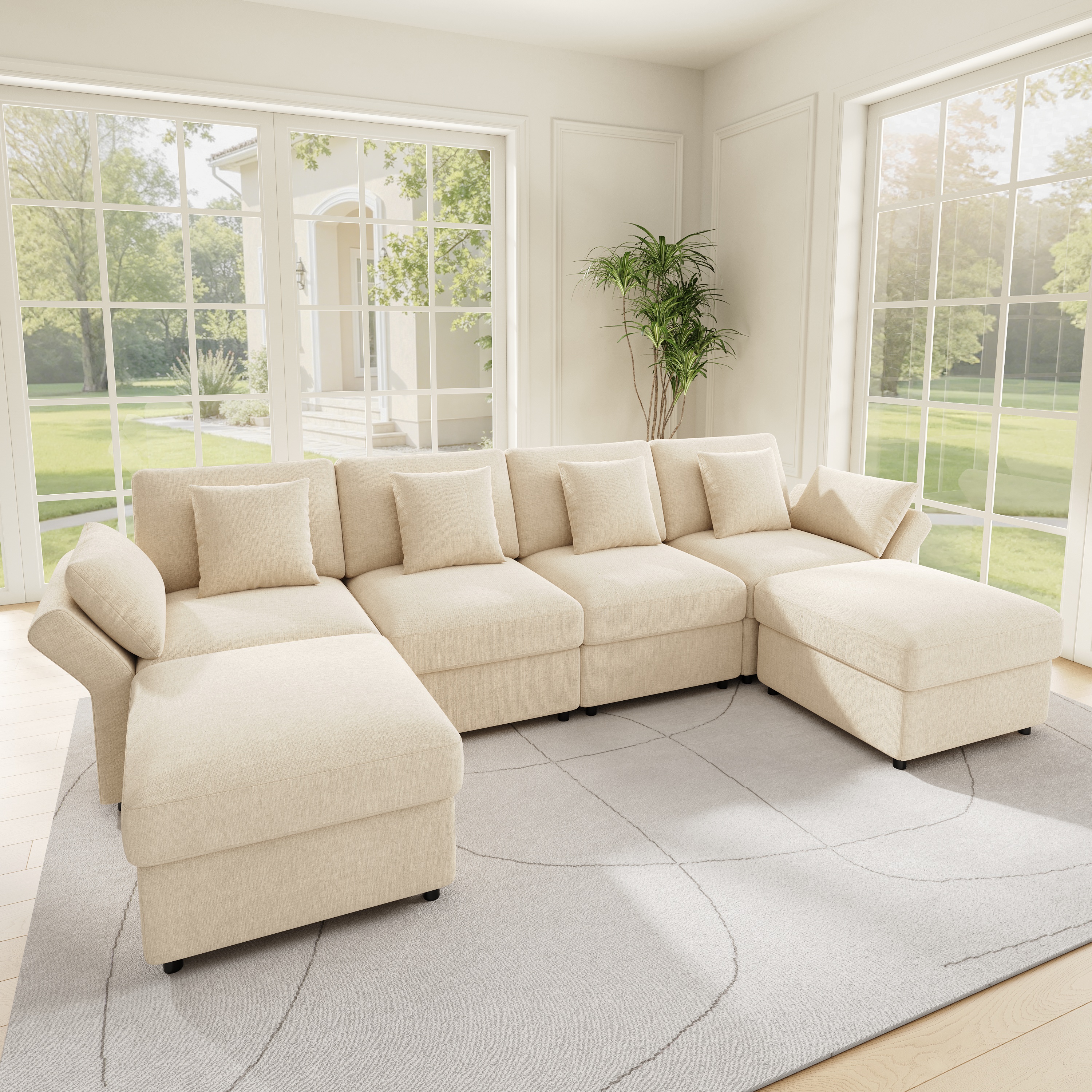 Canapé d'angle 4 à 6 places avec accoudoirs réglables 90 120 180° et 2 poufs mobiles en chenille beige