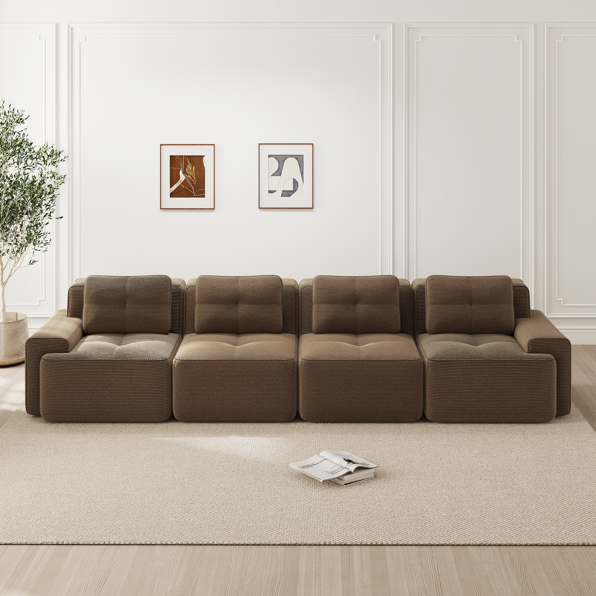 Canapé Droit Modulable Tissu Velours Côtelé Marron, Structure Stable avec Revêtement Résistant aux Griffes, Dimensions 382x104x69 cm