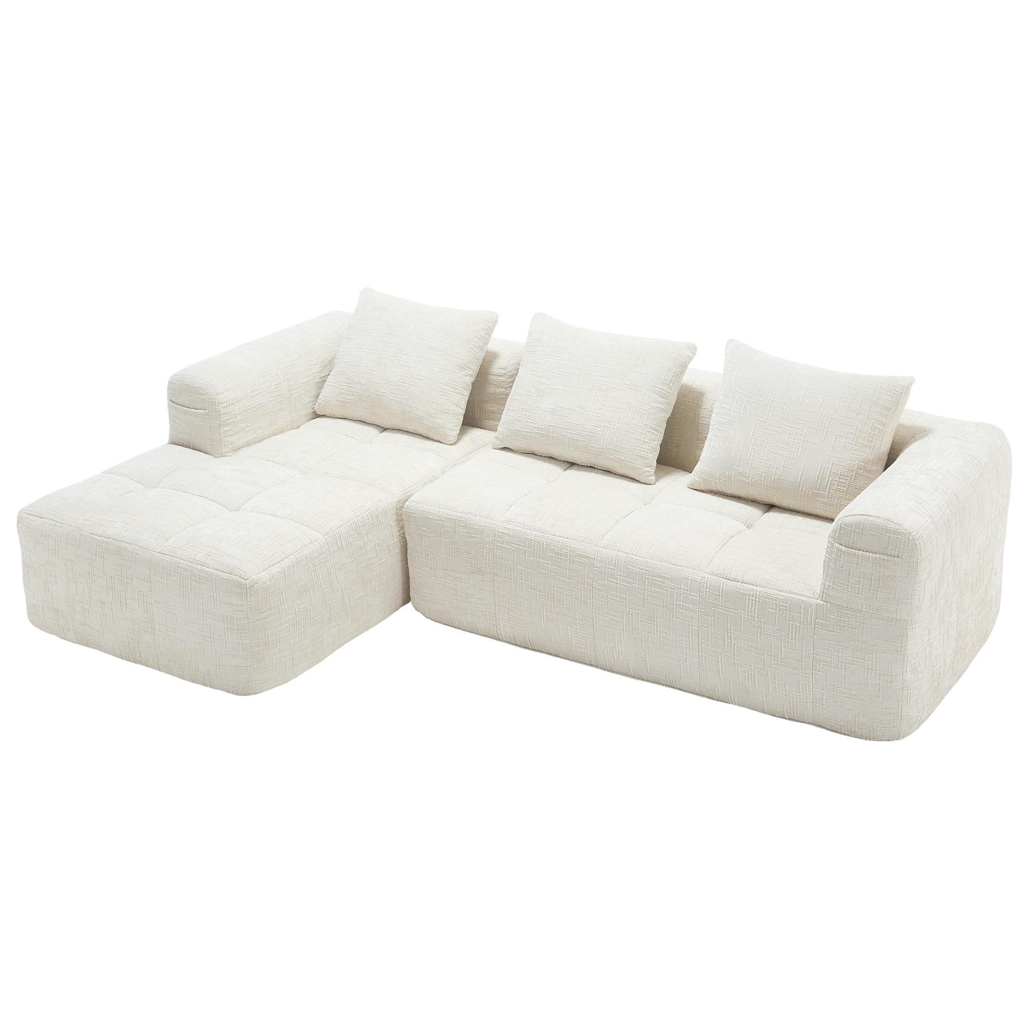 Canapé d'angle L 3 places en chenille beige avec méridienne, accoudoirs et 3 coussins inclus