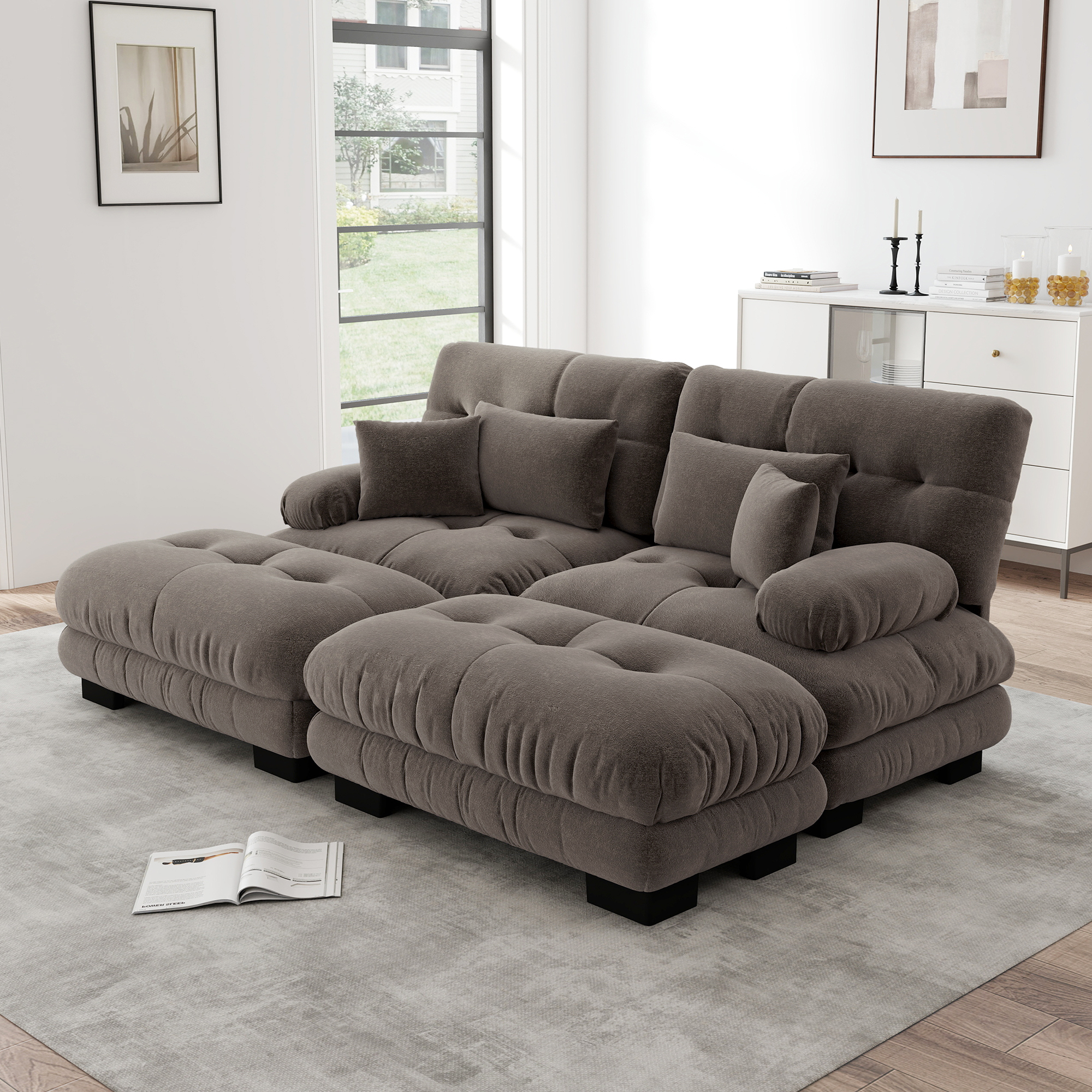 Canapé d'angle modulable en chenille marron avec 2 ottomans et coussins, grand salon contemporain 220x145 cm
