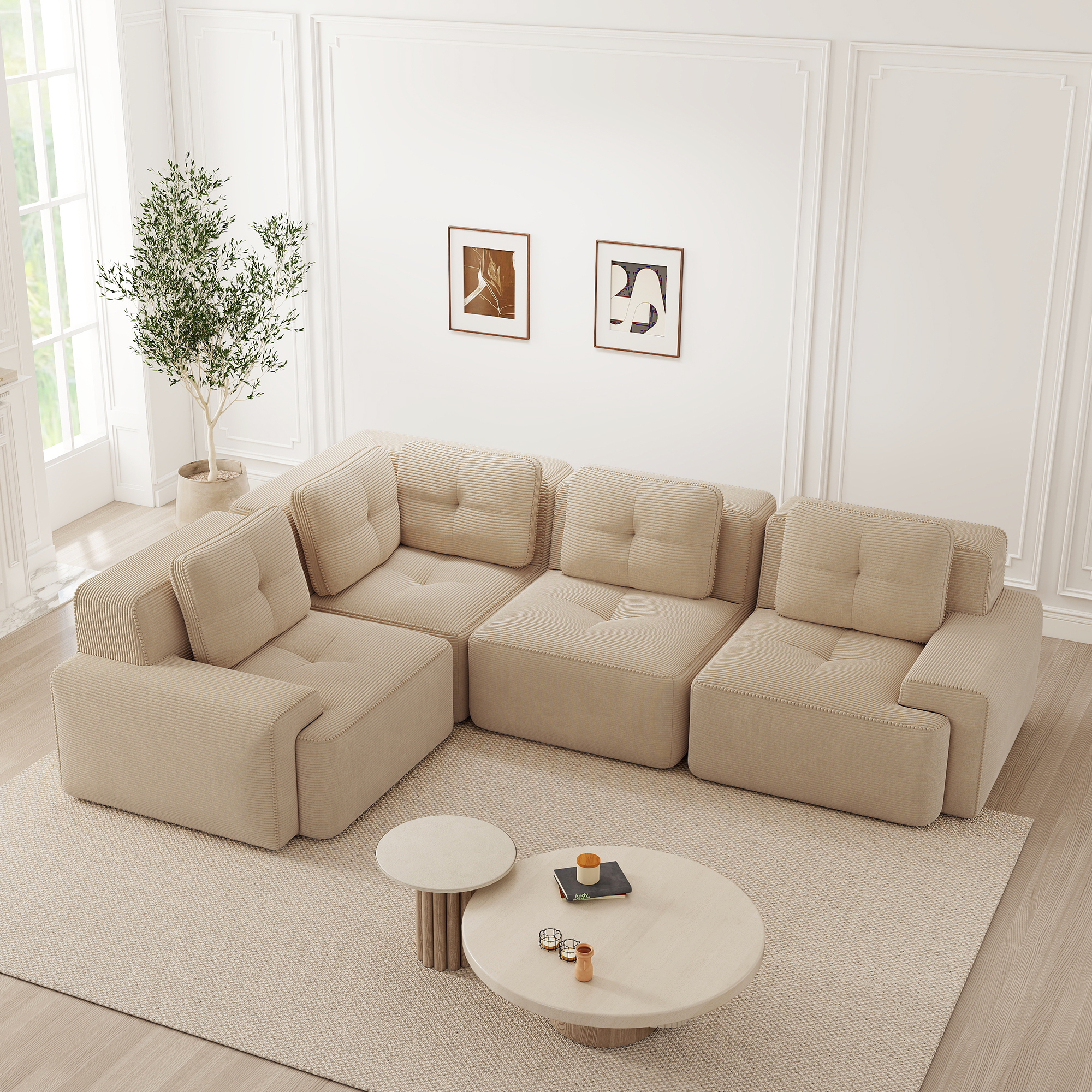 Canapé Modulable Revêtement Velours Côtelé Beige Structure Stable Large Accoudoirs Dimensions 295x206x69 Cm