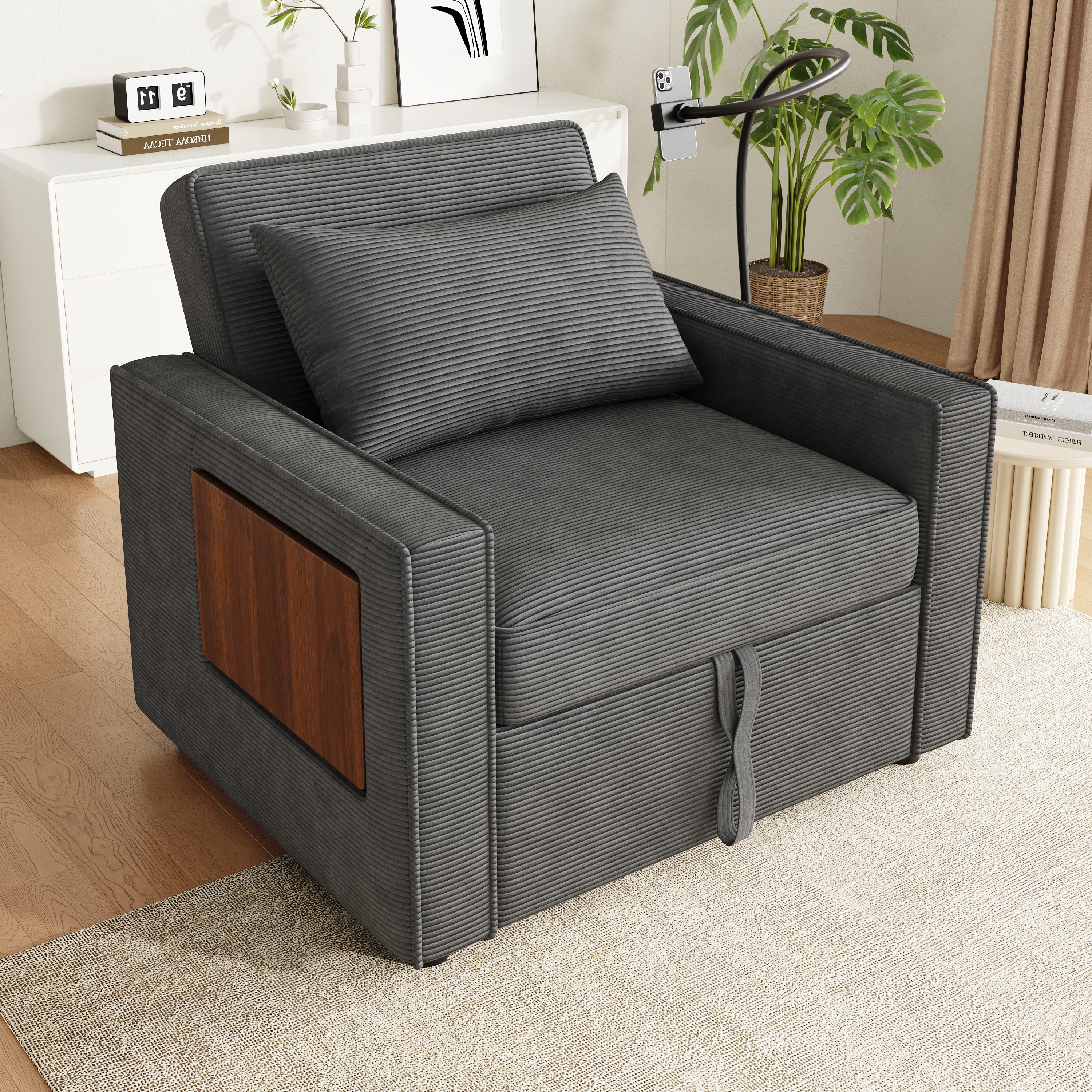 Canapé 1 place 93x150x85 cm avec couchage 177x70 cm, dossier réglable 3 positions et tiroir intégré