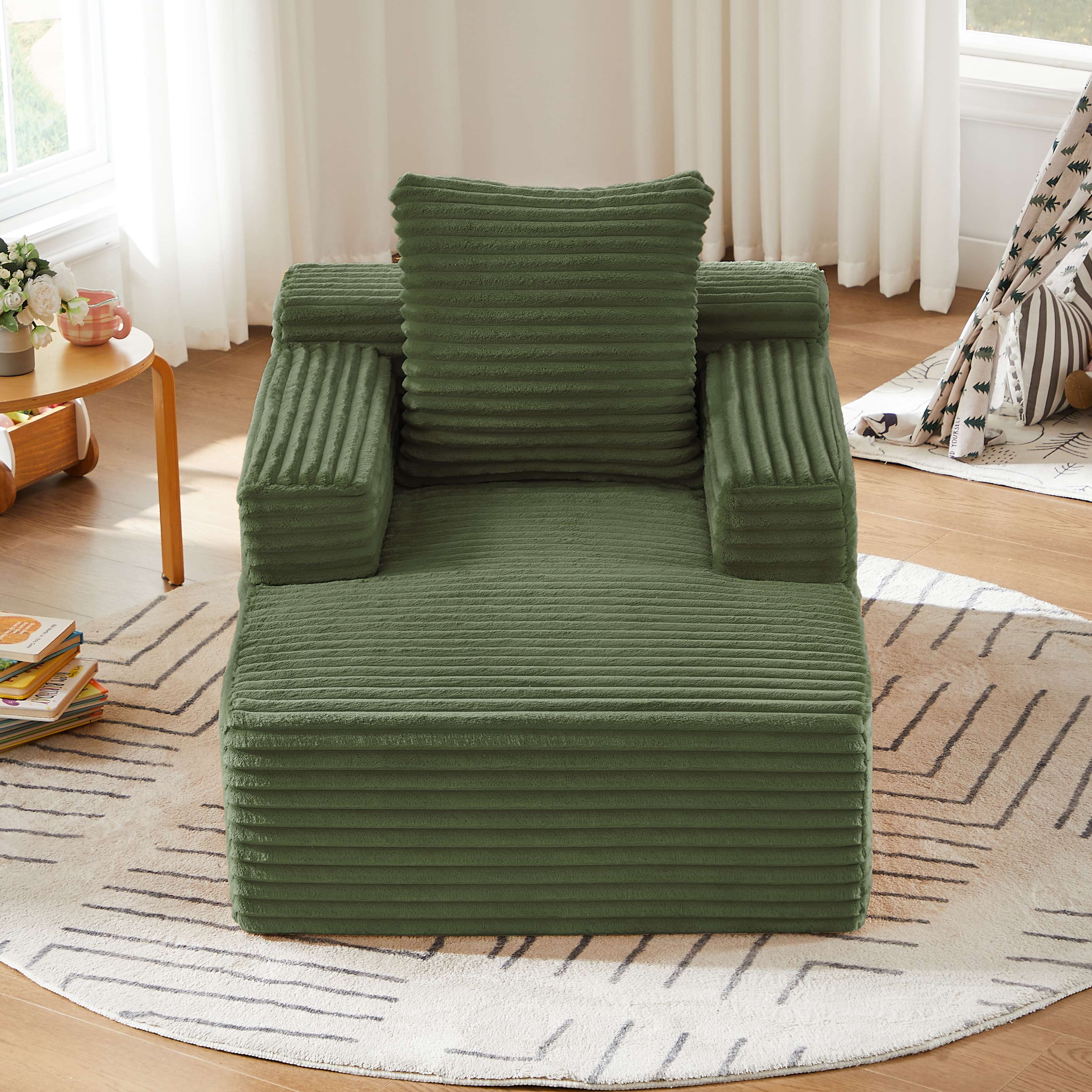 Chaise longue sans montage en velours côtelé vert, fauteuil relax moderne pour salon et bureau, coussin mousse haute densité, style contemporain élégant