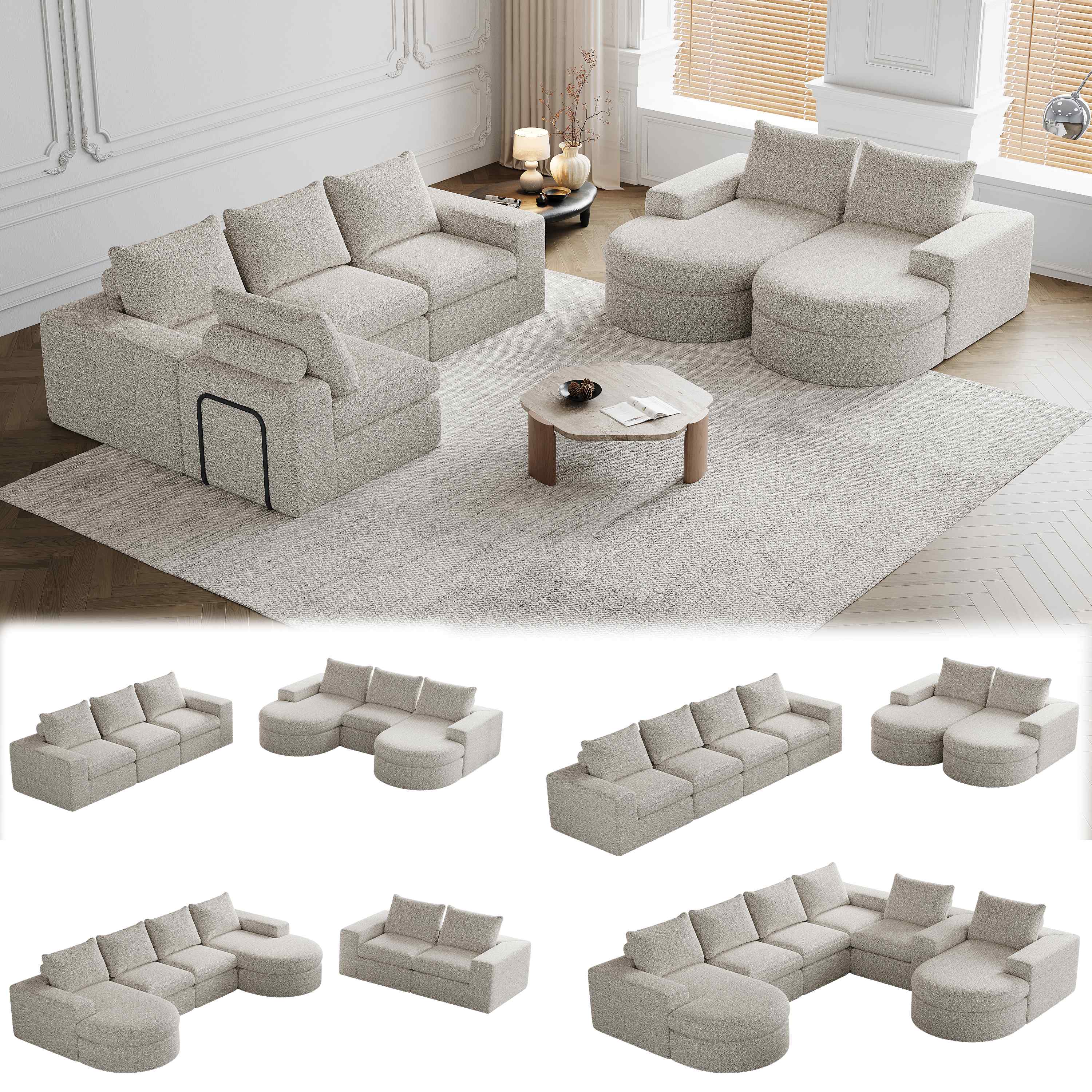 Canapé modulable beige en tissu chenille, ensemble sans structure avec coussins amovibles et mousse haute densité pour salon moderne