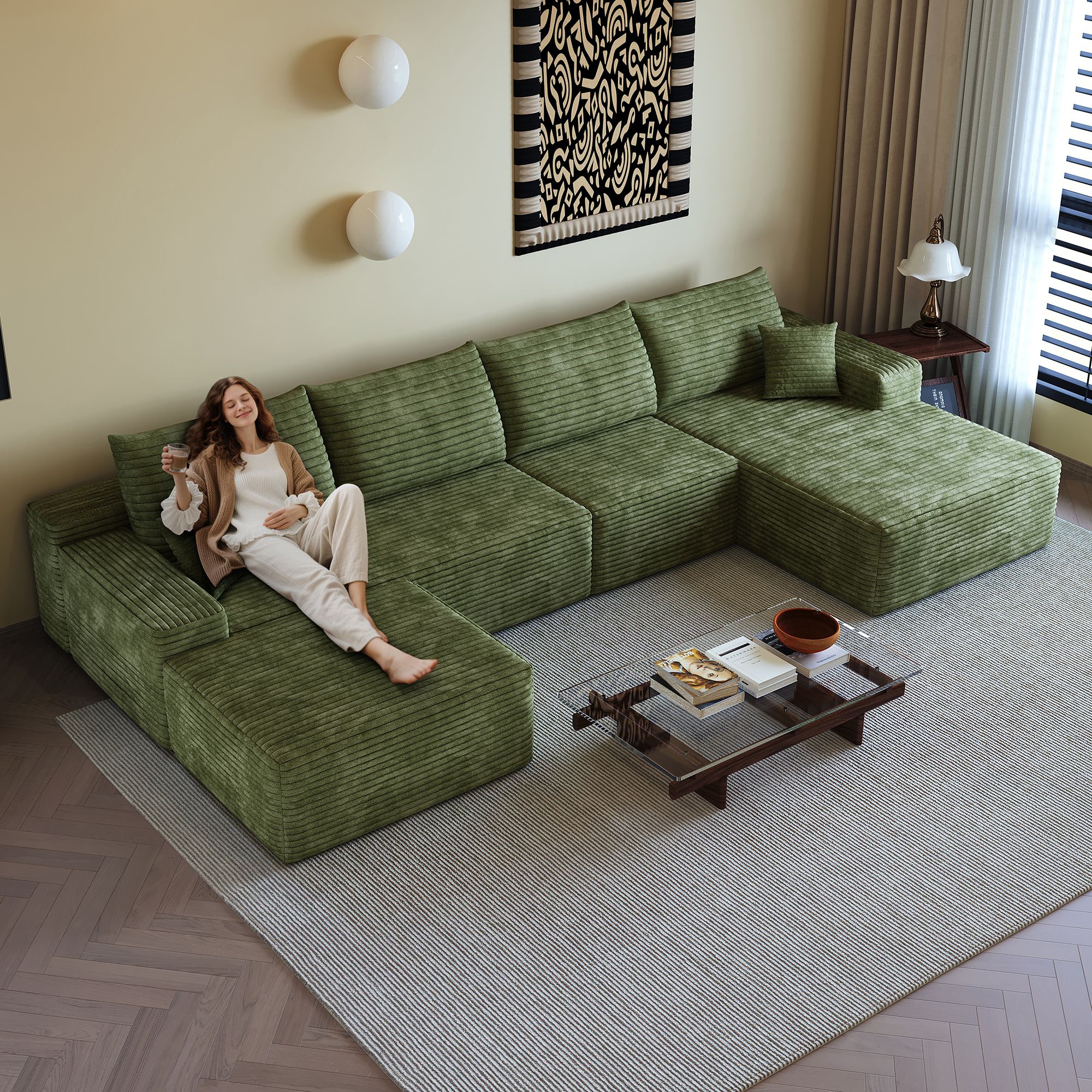 Canapé d'angle en tissu côtelé vert, structure modulaire 340x175x83 cm, rembourrage mousse souple, style moderne