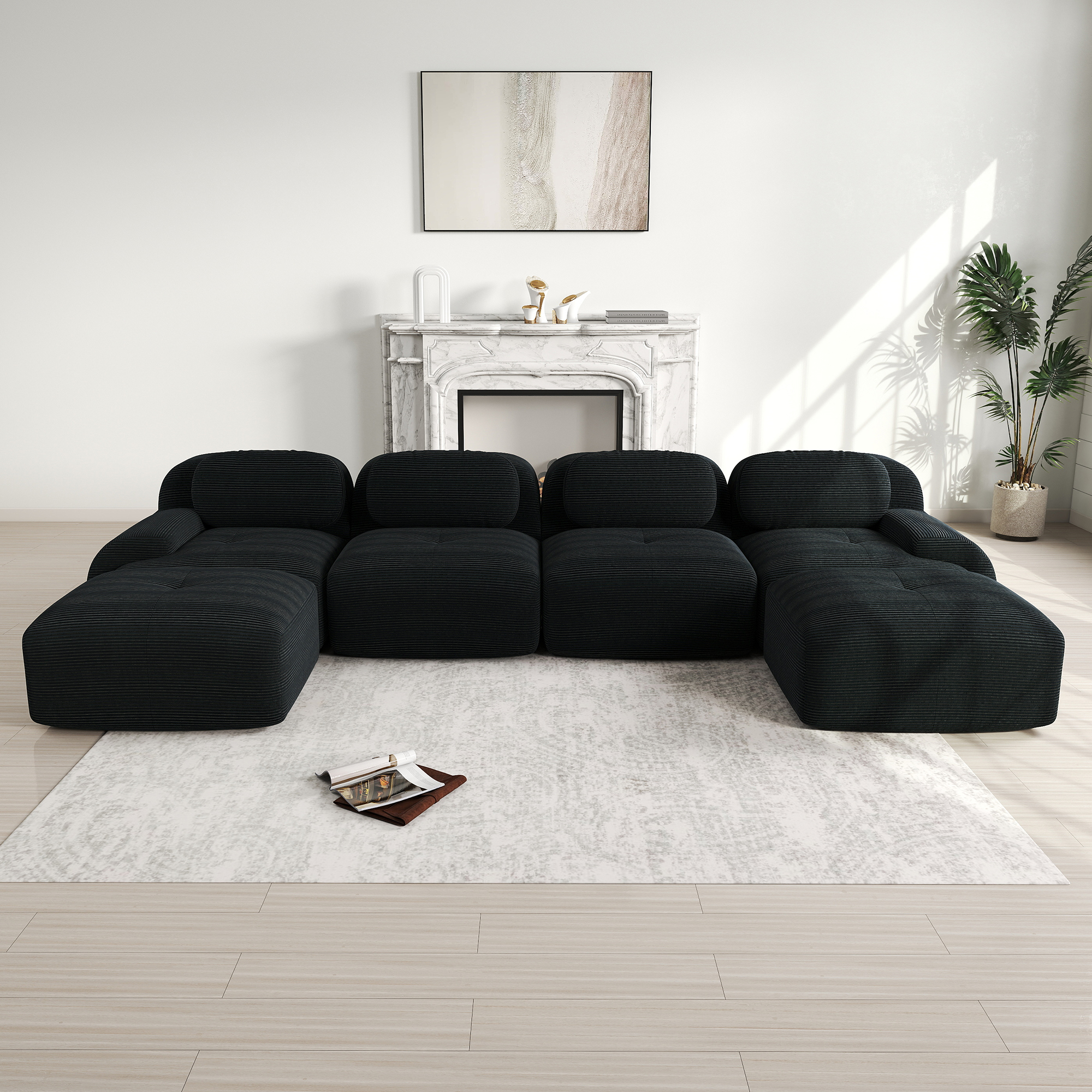 Canapé d'angle modulable sans montage en velours côtelé noir, 6 places, mousse 32D ergonomique et accoudoirs extra-larges