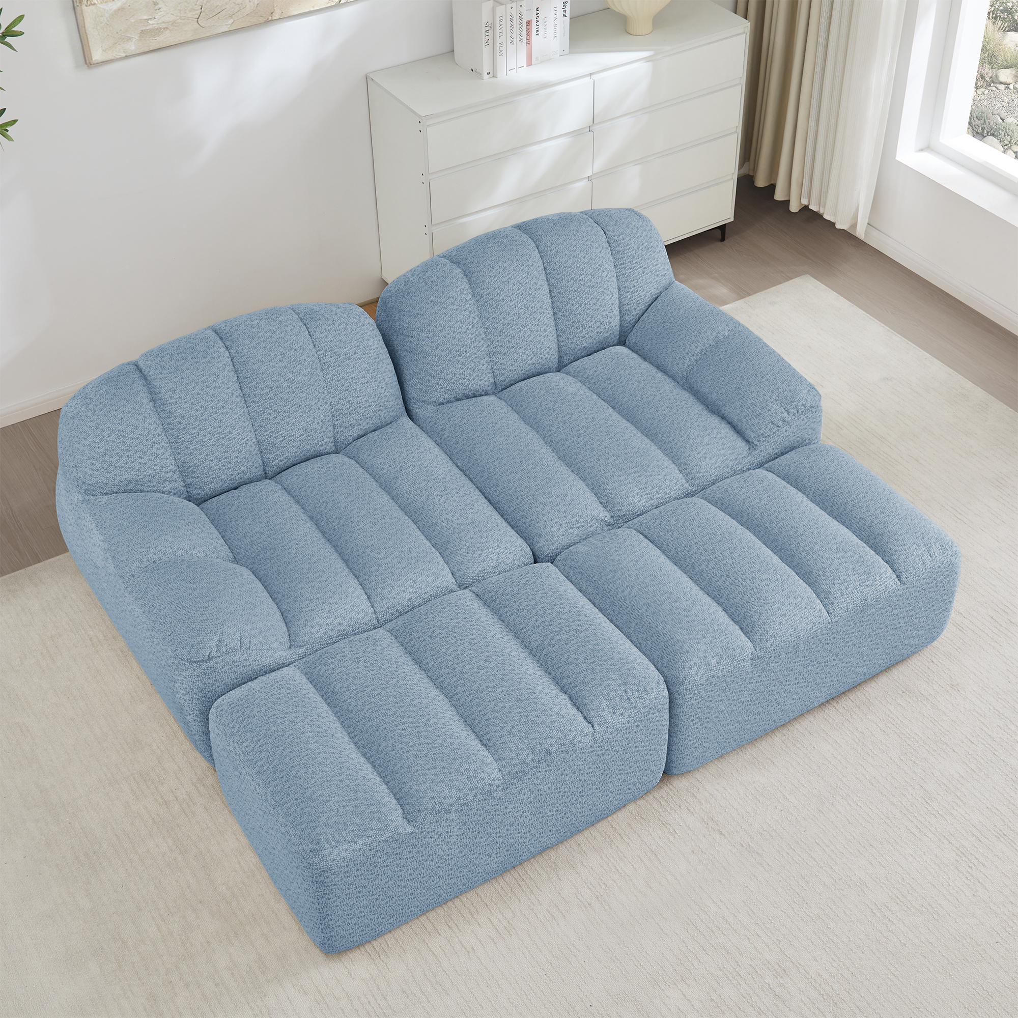 Canapé Modulable 2 Places Bleu, Canapé d'Angle Panoramique Sans Dossier en Tissu Granuleux Peluche avec Rangement Tiroir Intégré pour Salon Moderne