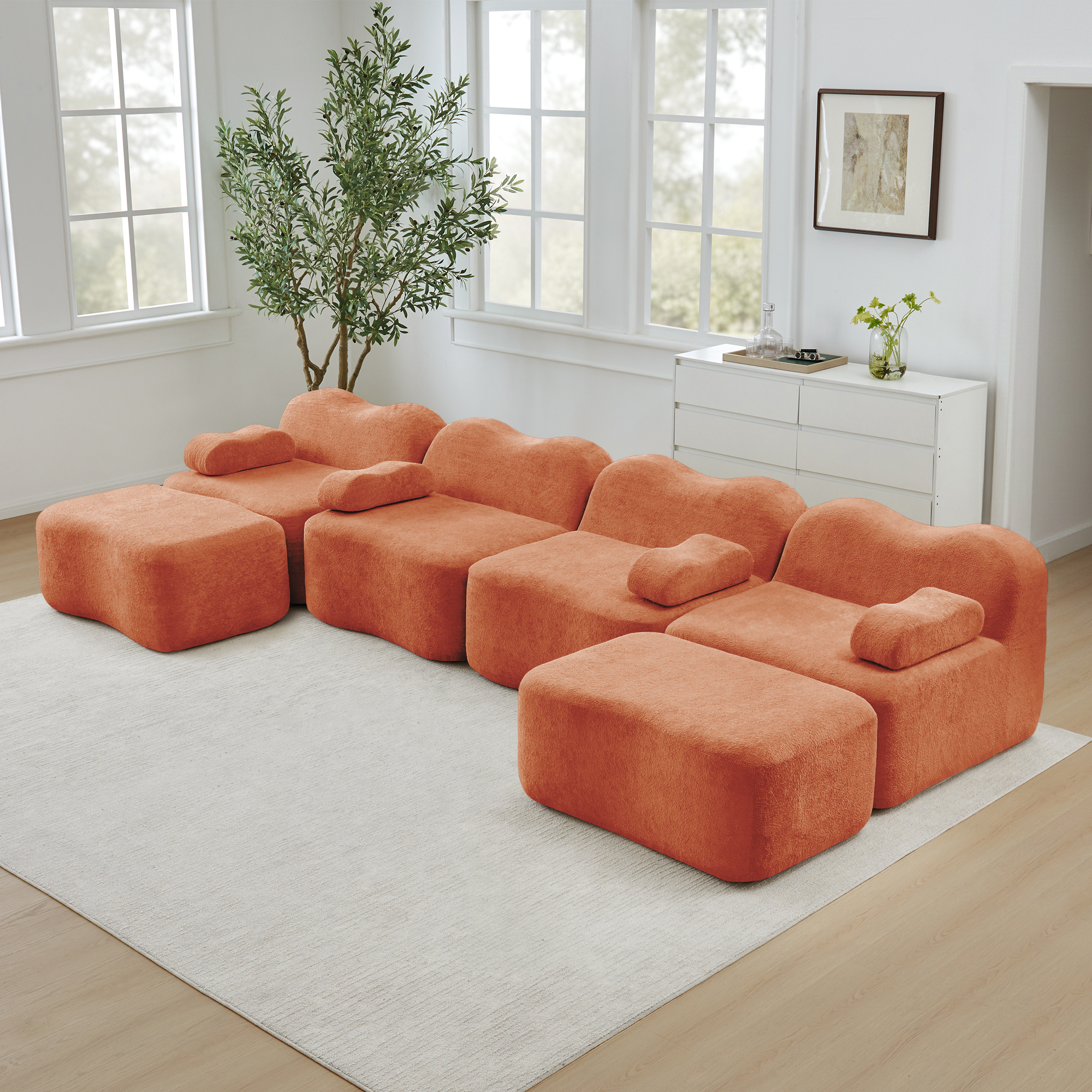 Canapé Modulable 4 Places En Forme De U Avec Tiroirs Intégrés Et Ottomans, Confortable Sans Dossier Pour Salon Moderne