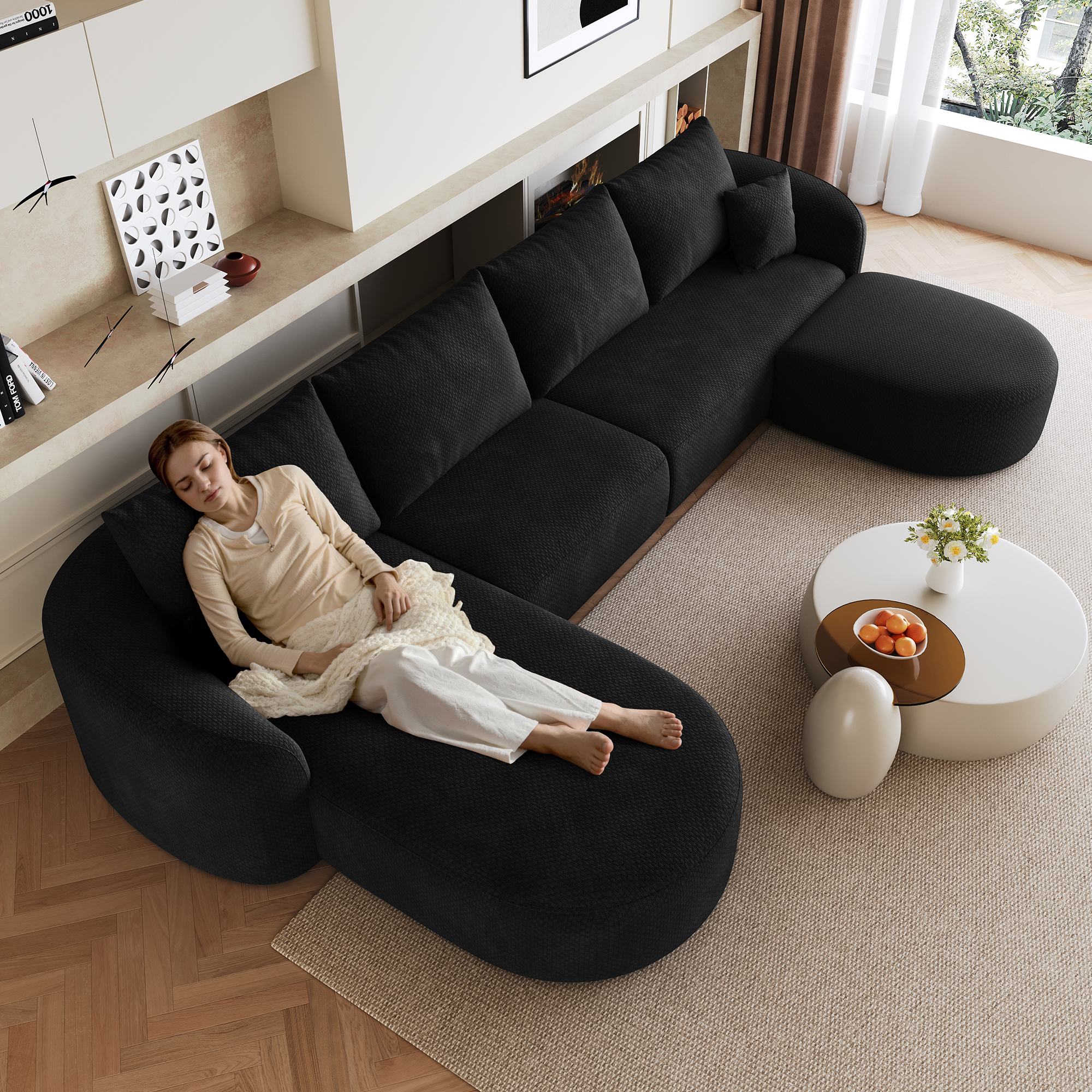 Canapé modulable d'angle en U 336x168cm, structure sans bois, revêtement tissu noir, design contemporain pour salon