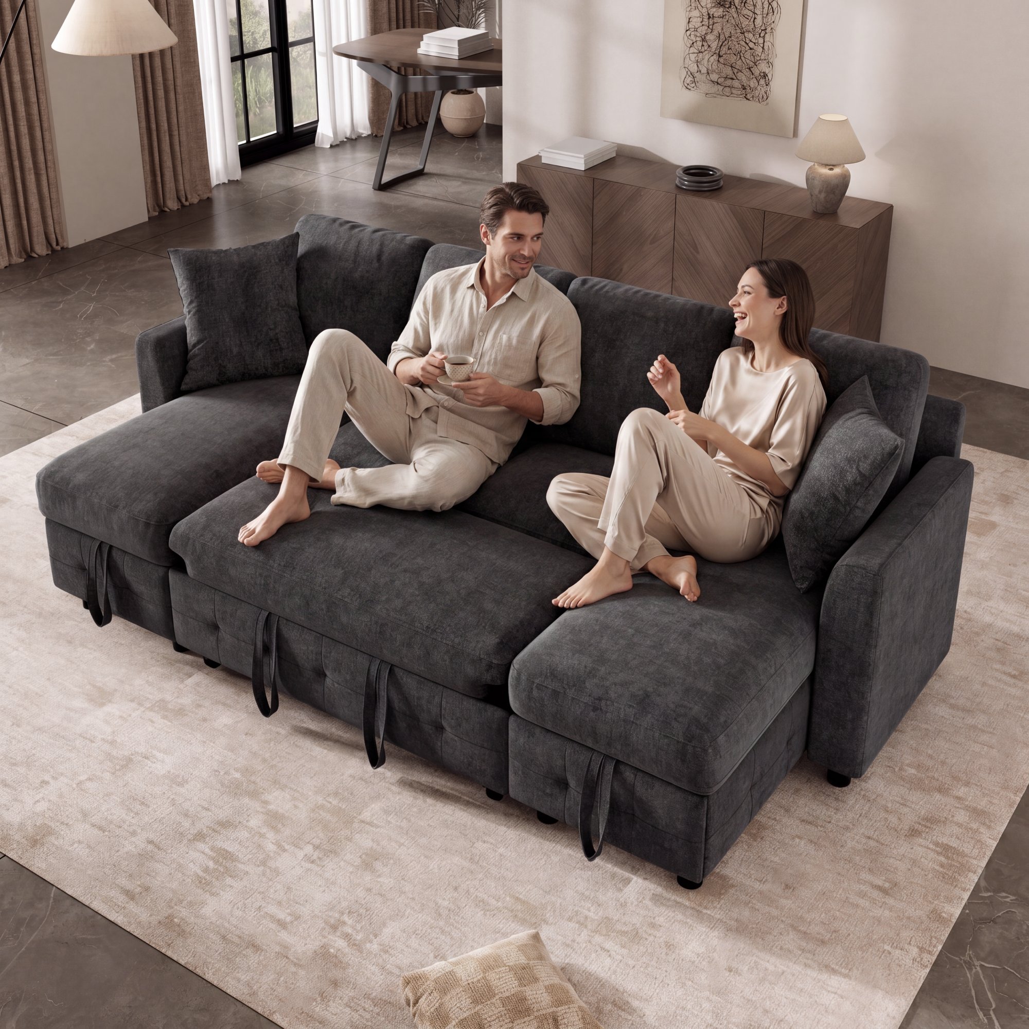 Canapé-lit en U gris foncé en tissu chenille, convertible avec rangements dans les méridiennes, ports USB et Type-C, dimensions 260x128x82 cm
