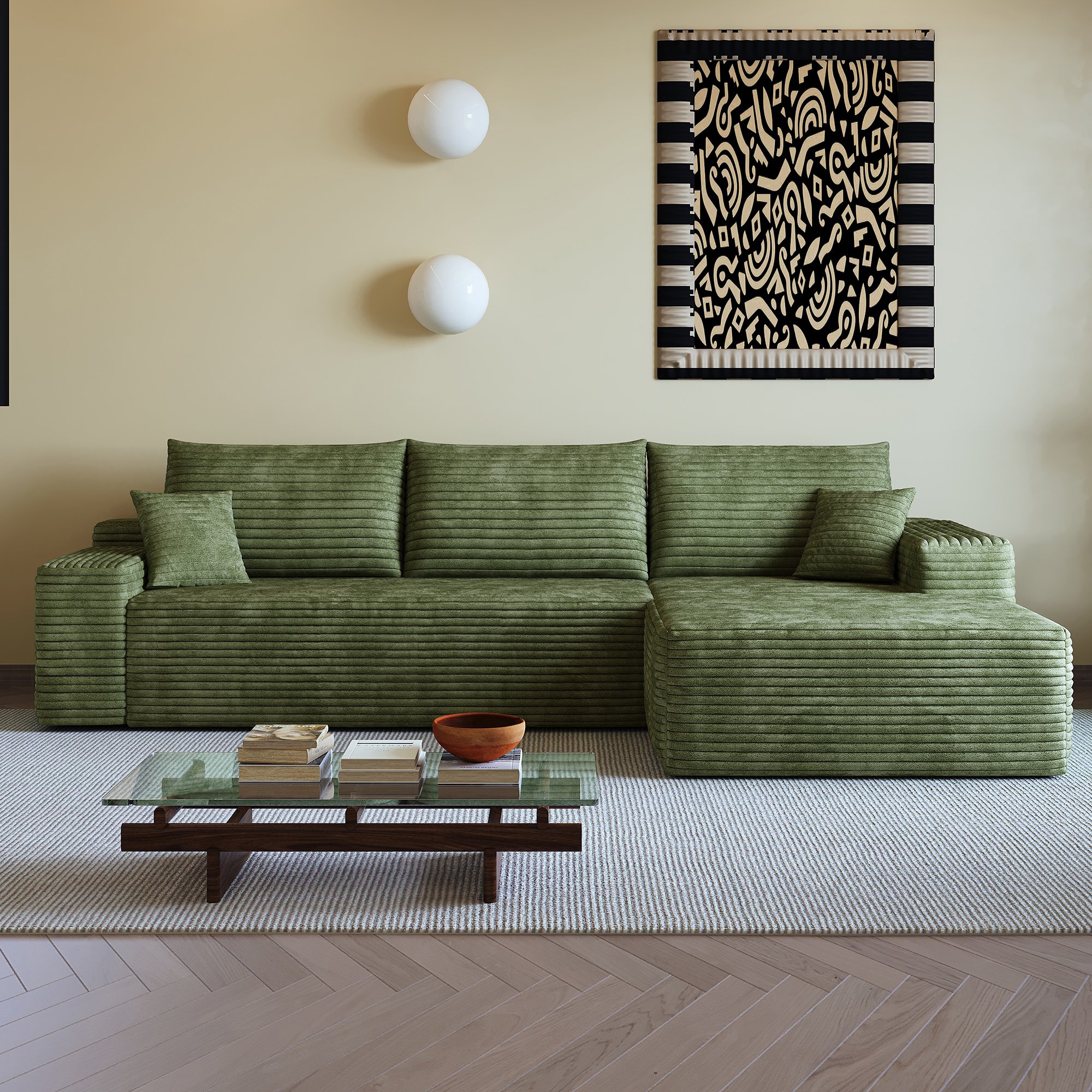Canapé d'angle en tissu velours côtelé vert, structure boneless, assise profonde, dimensions 270x175x83cm, design moderne épuré