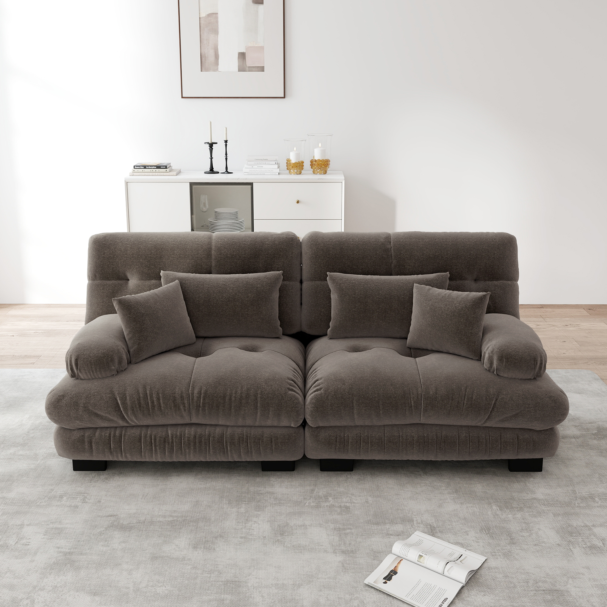 Canapé d'angle modulable avec coussins, assise profonde type nuage sans ressorts, design contemporain pour salon moderne