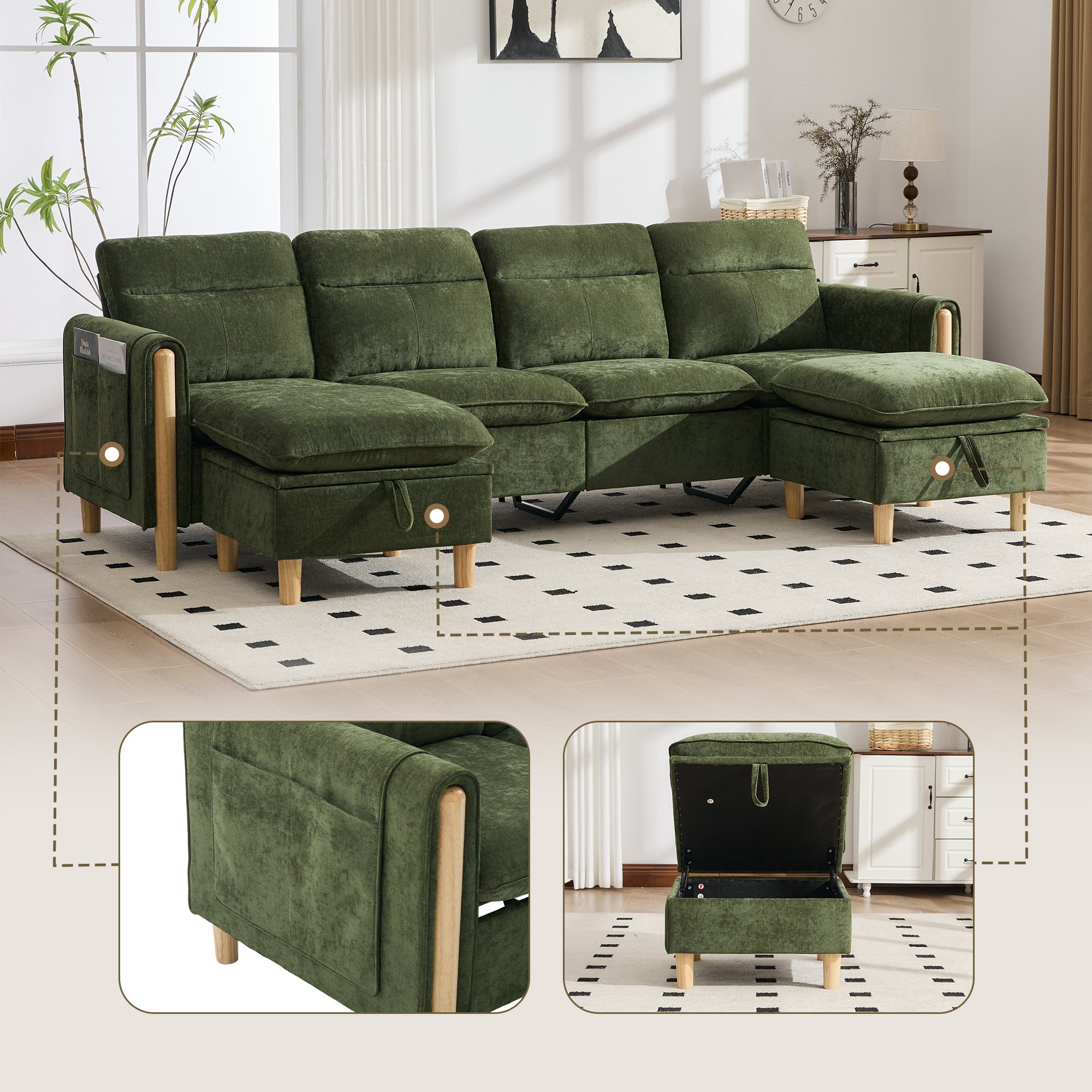 Canapé d'angle 4 places vert en tissu chenille avec deux poufs de rangement et pieds en bois massif pour le salon