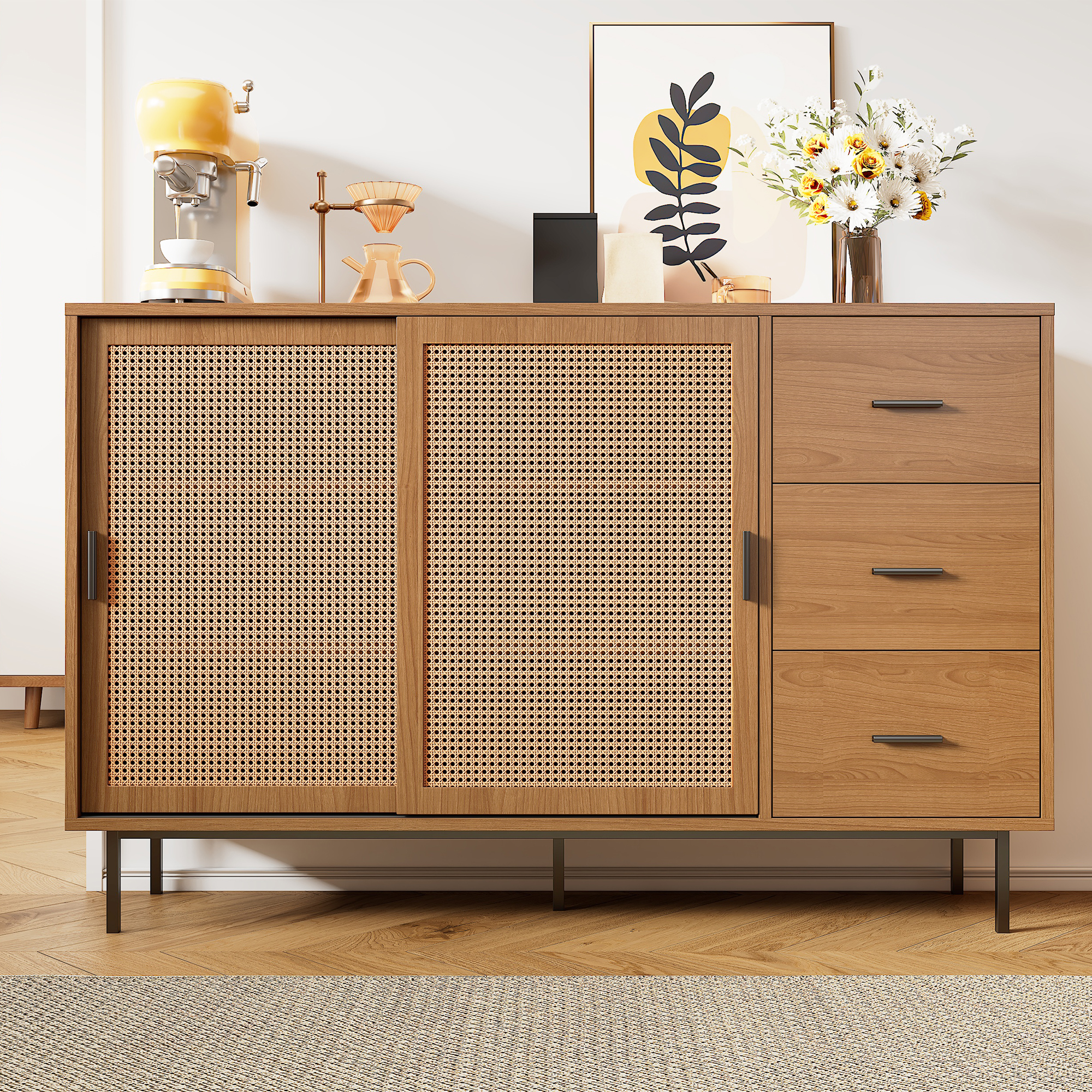 Buffet avec 2 portes coulissantes et 3 tiroirs, meuble de rangement en panneau de particules couleur naturel, idéal pour salon et salle à manger