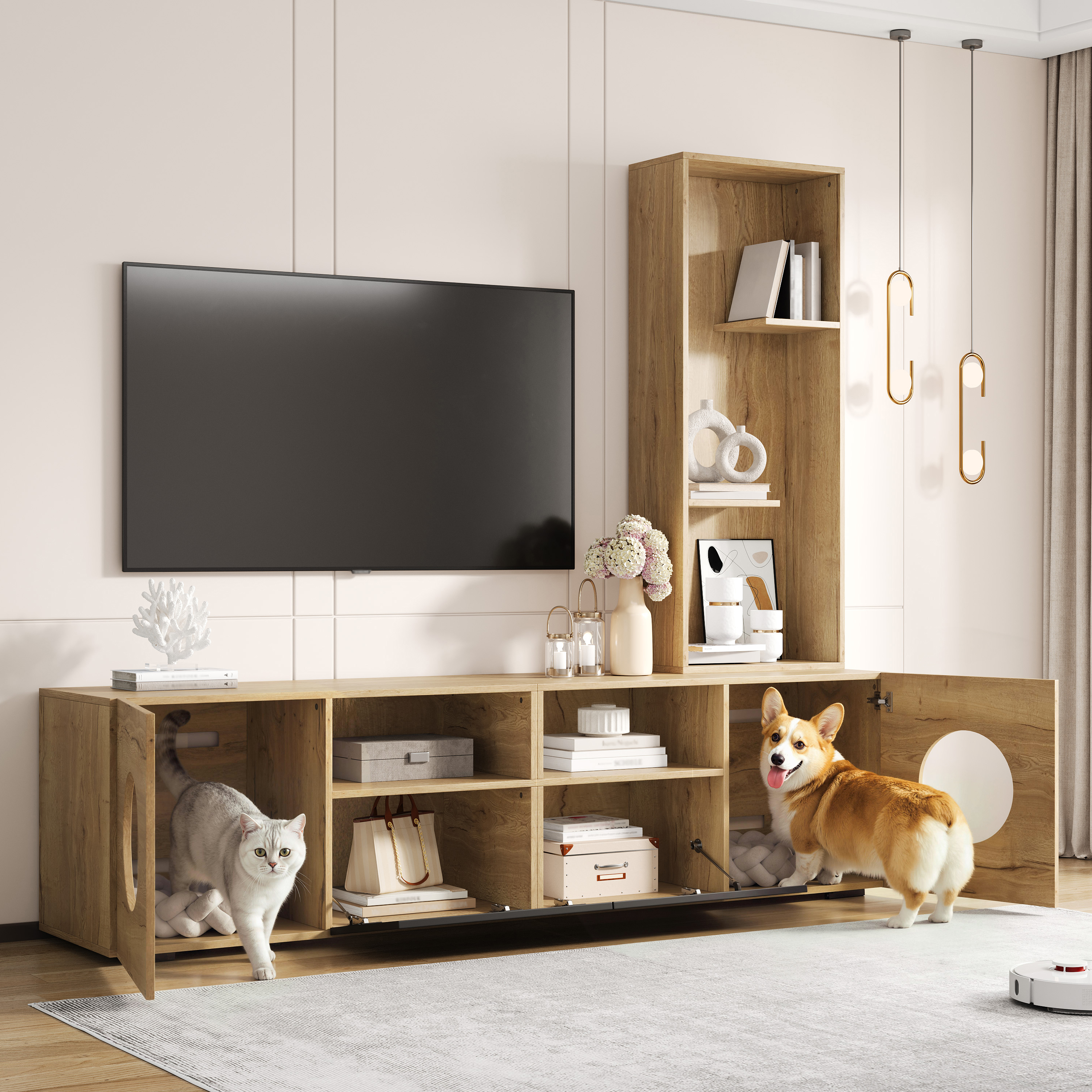 Meuble TV avec espace repos, Buffet TV moderne en bois massif noir et naturel, Étagère haute et rangement complet