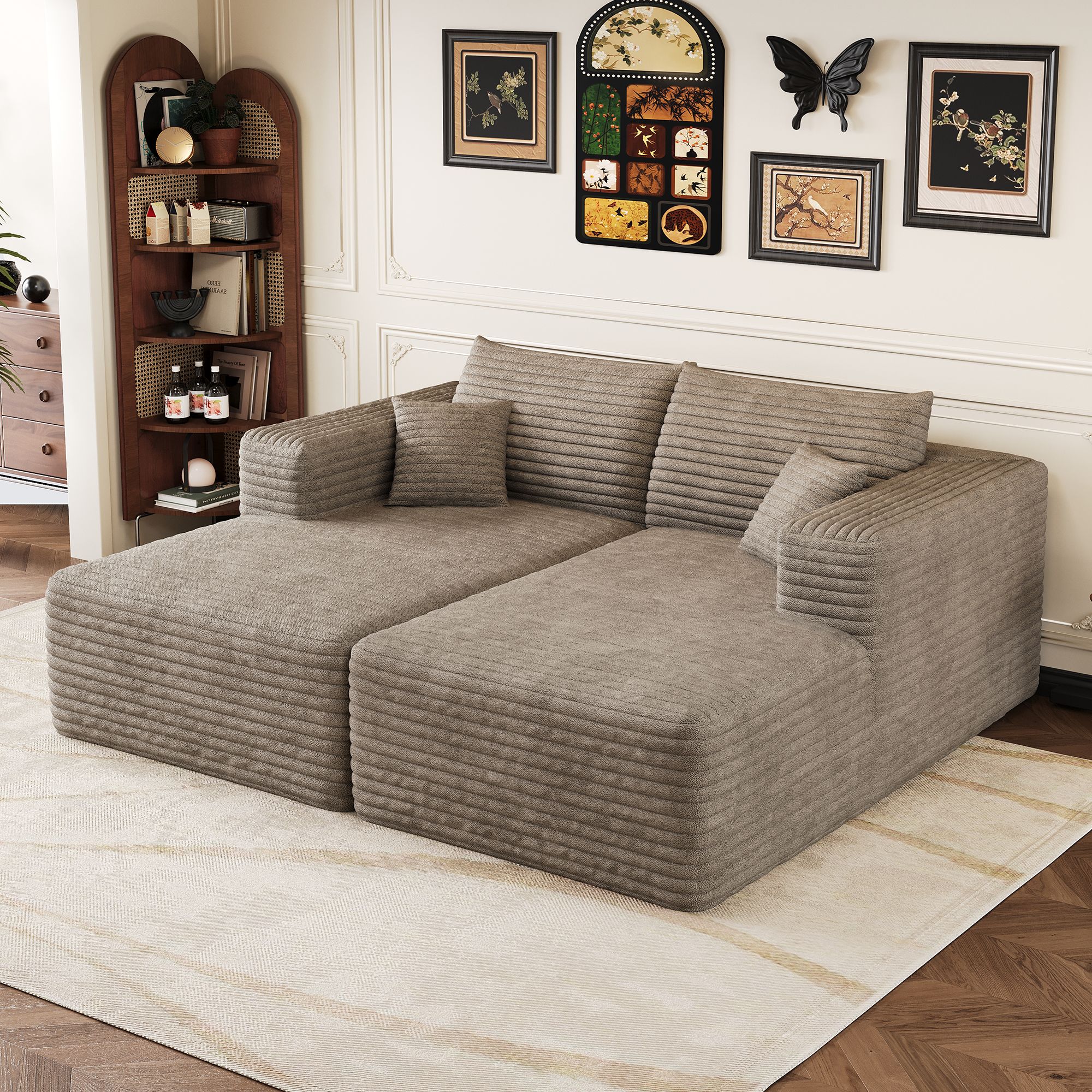 Canapé d'angle en tissu velours côtelé doux, assise profonde et dossier ergonomique, design épuré pour intérieur contemporain