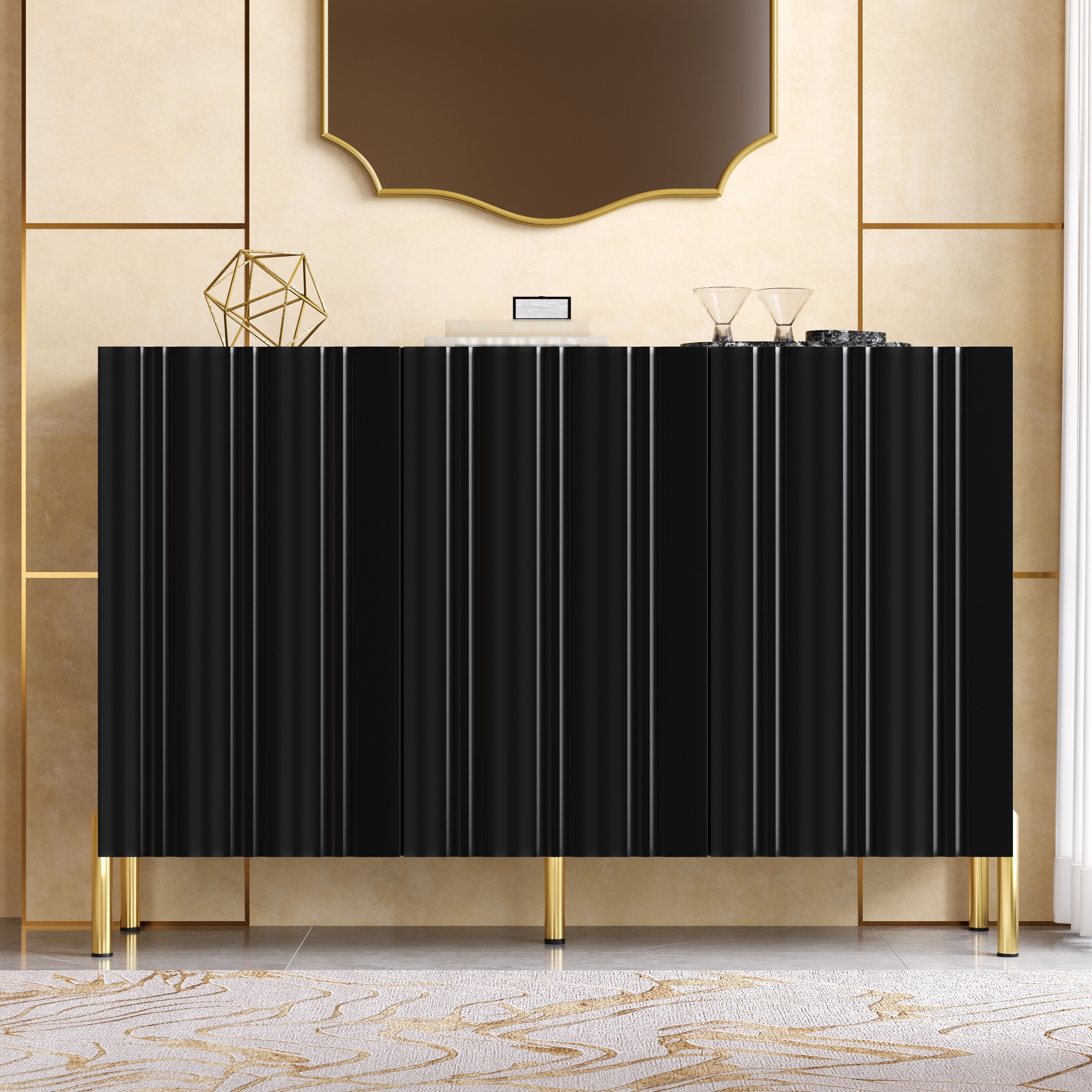 Buffet Noir Moderne 120cm, Meuble Rangement Entrée Design Sans Poignée avec Étagères Réglables et Pieds Dorés