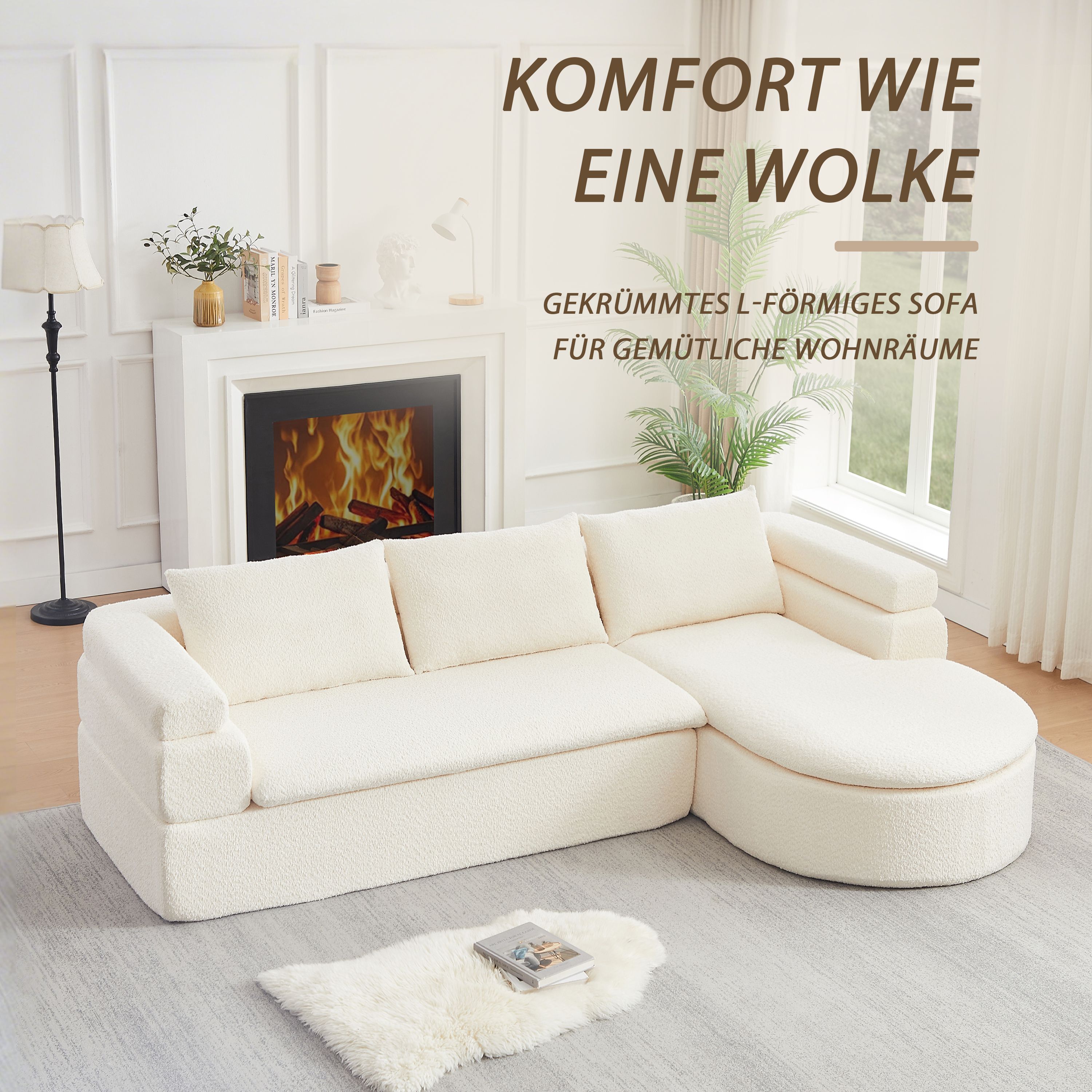 Canapé d'angle en tissu chenille doux, structure modulaire sans outils, couleur crème-beige pour intérieur chic