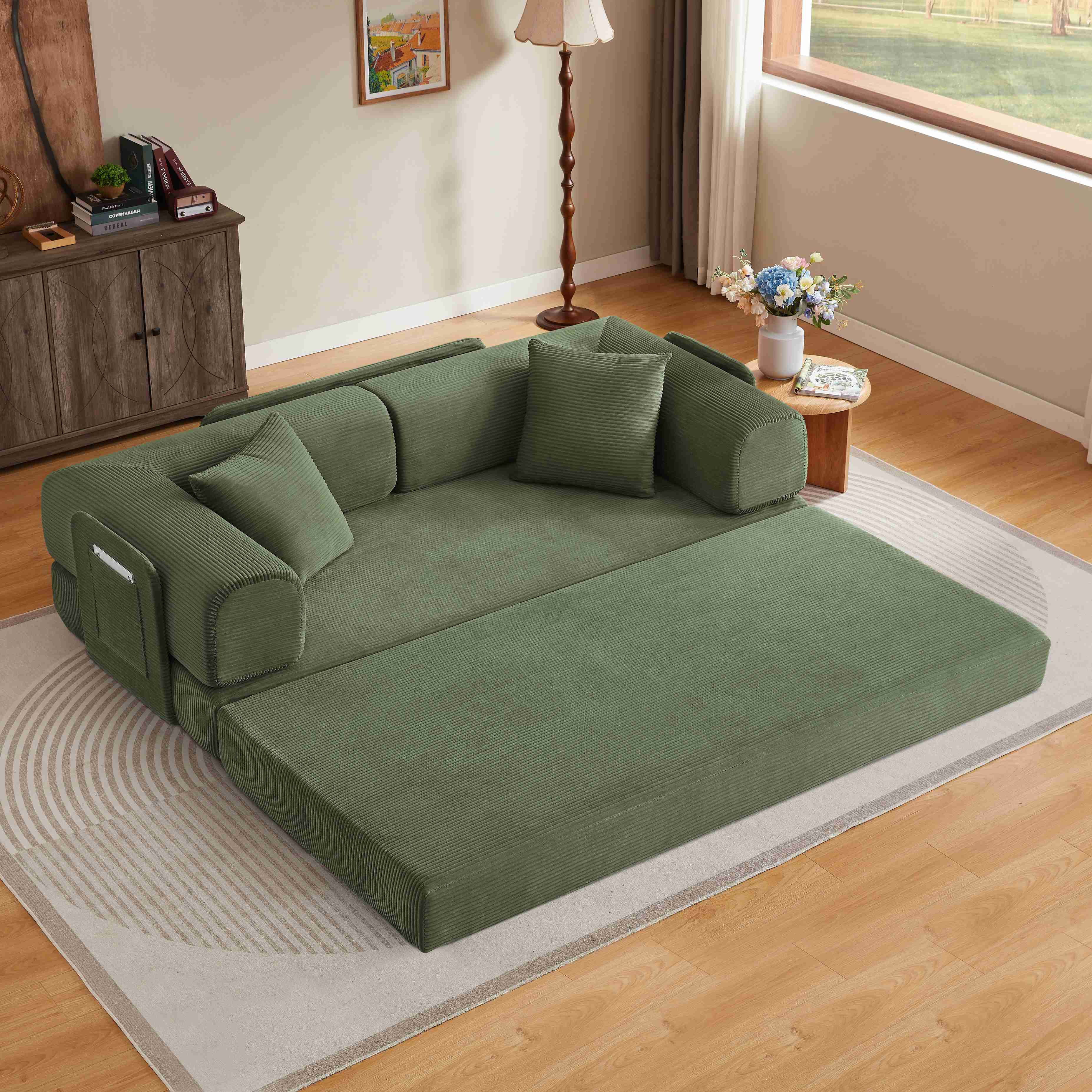Canapé-lit sans dossier style tatami vert en tissu côtelé avec structure acier chromé et 2 coussins inclus pour salon ou chambre