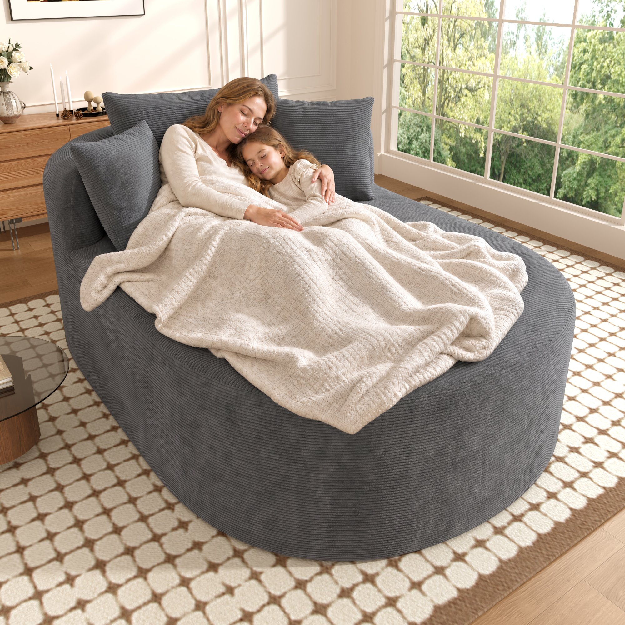 Grand fauteuil relax 170x112,5x83 cm, assise large 110 cm et profonde 122 cm, tissu corduroy gris anthracite, prêt à l'emploi