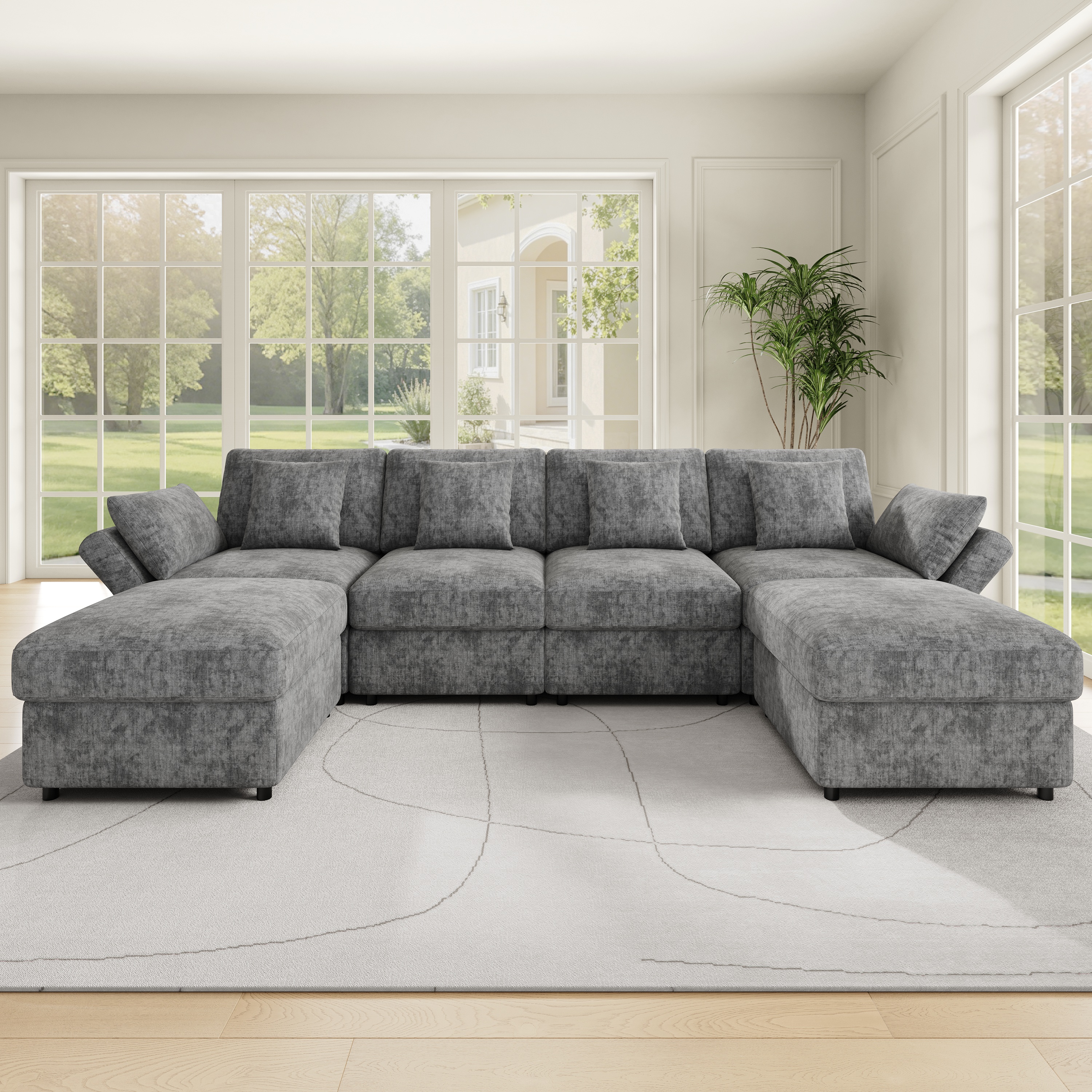 Canapé d'angle modulable 4 à 6 places avec 2 poufs mobiles et accoudoirs réglables 90 120 180 degrés