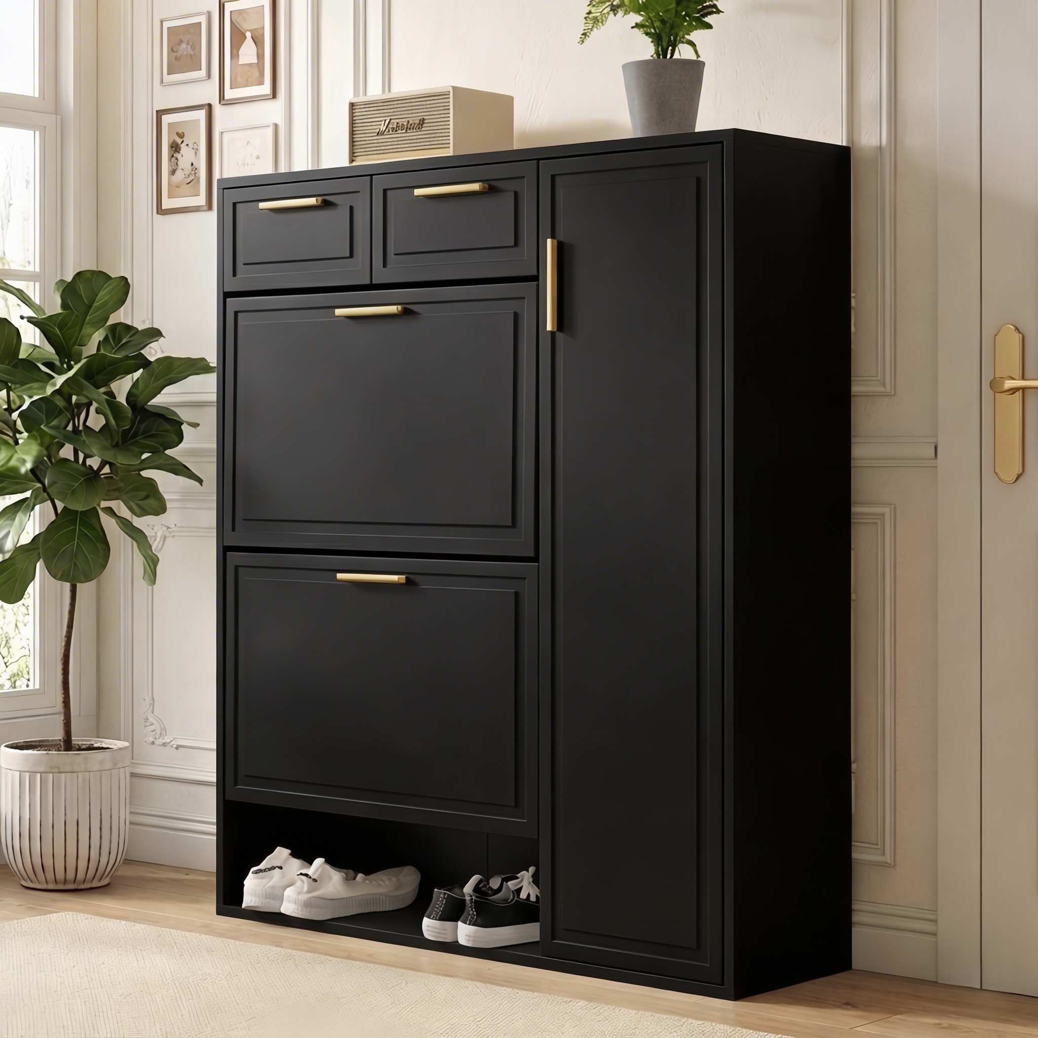 Meuble à chaussures noir 95x24x107 cm, placard avec portes rabattantes et tiroirs, étagères ajustables, structure en panneaux de particules