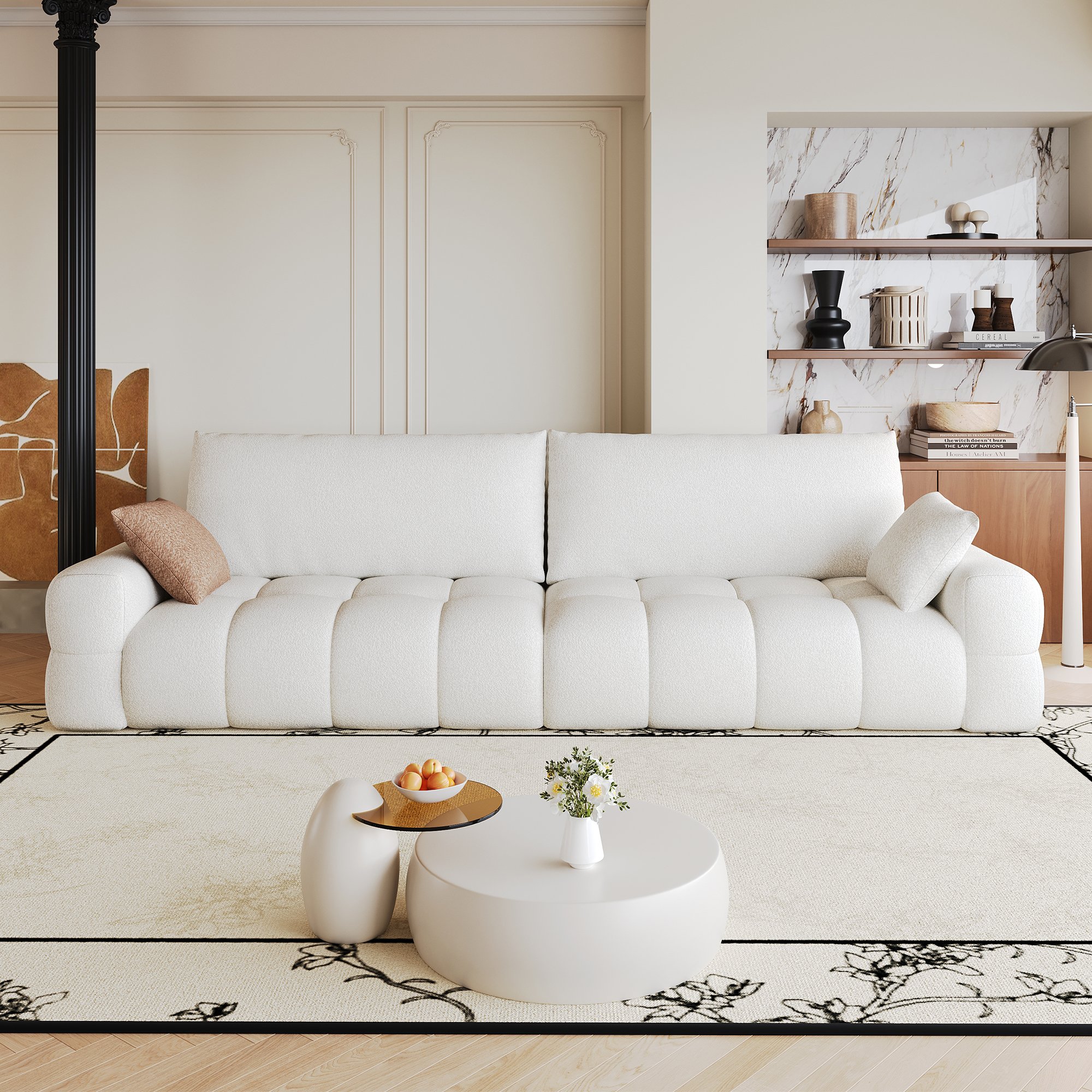 Canapé Modulable 260x105cm Tissu Blanc Crème Sans Montage Mousse Haute Densité Confort Nuage Salon Moderne