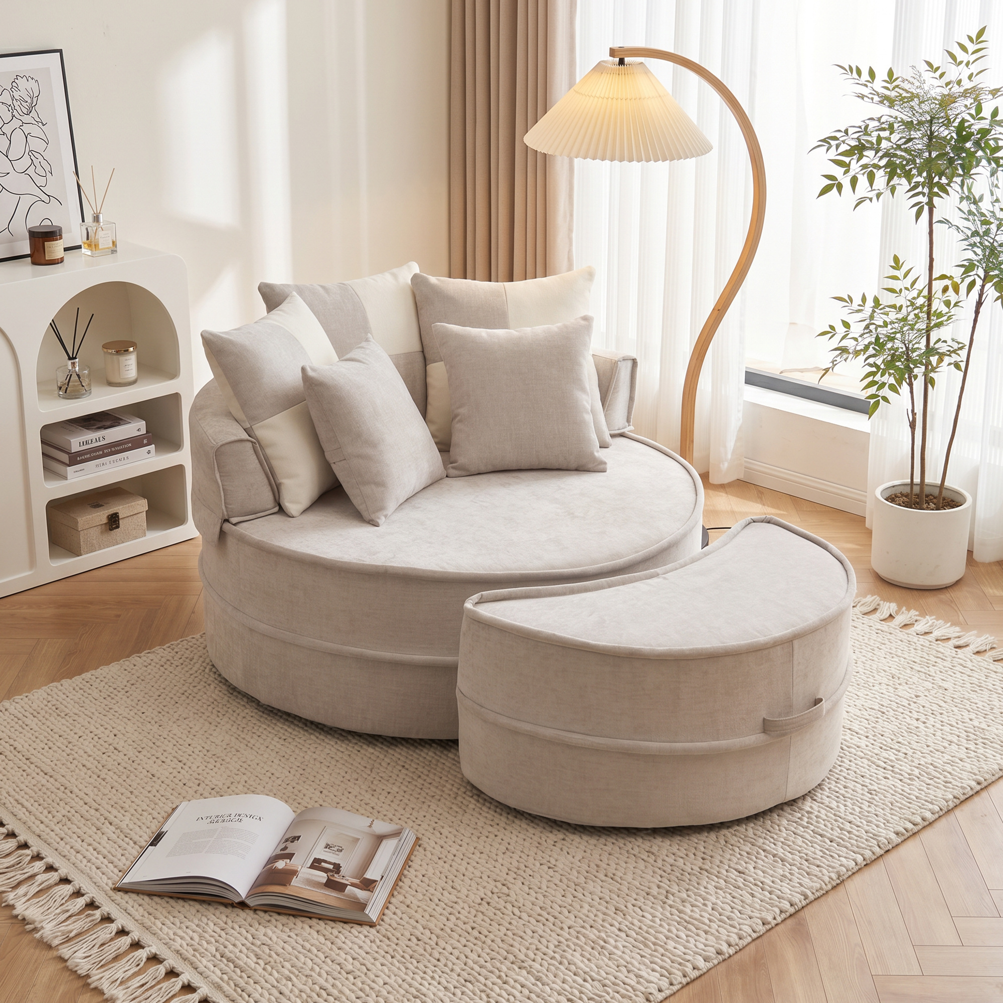 Fauteuil Ronde En Chenille Doux Avec Remplissage Mousse Haute Densité Et Structure Stable Gris