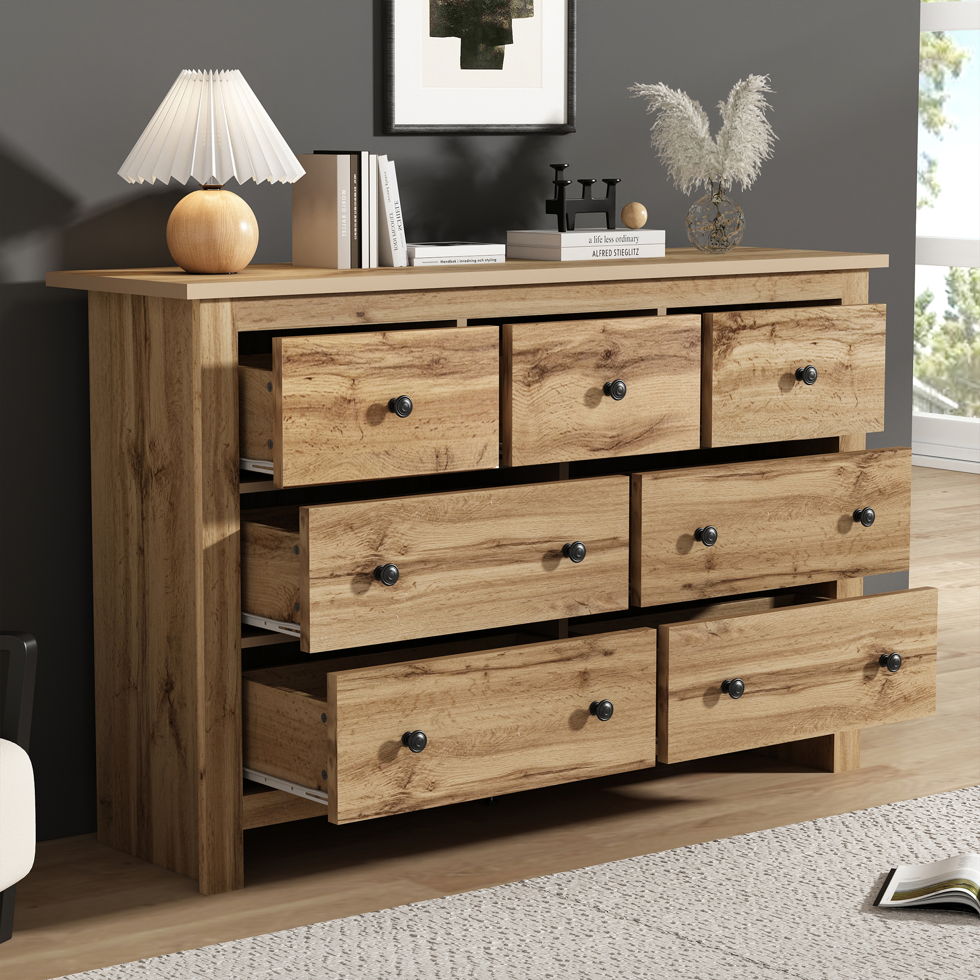 Buffet 7 Tiroirs Meuble Rangement Bois Couleur Naturelle Design Moderne Minimaliste Pour Cuisine Salle À Manger Entrée 152x40x89 Cm