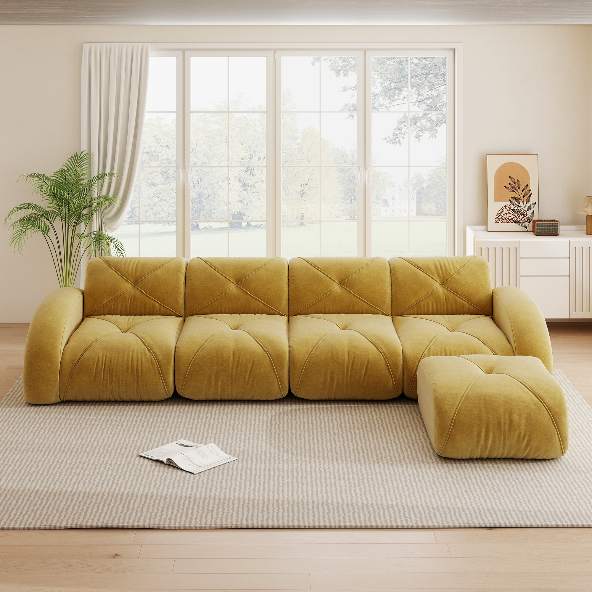 Fauteuil Relax Canapé d'angle Jaune Sans Montage Repose-Pieds Extensible Mousse Haute Densité 32D