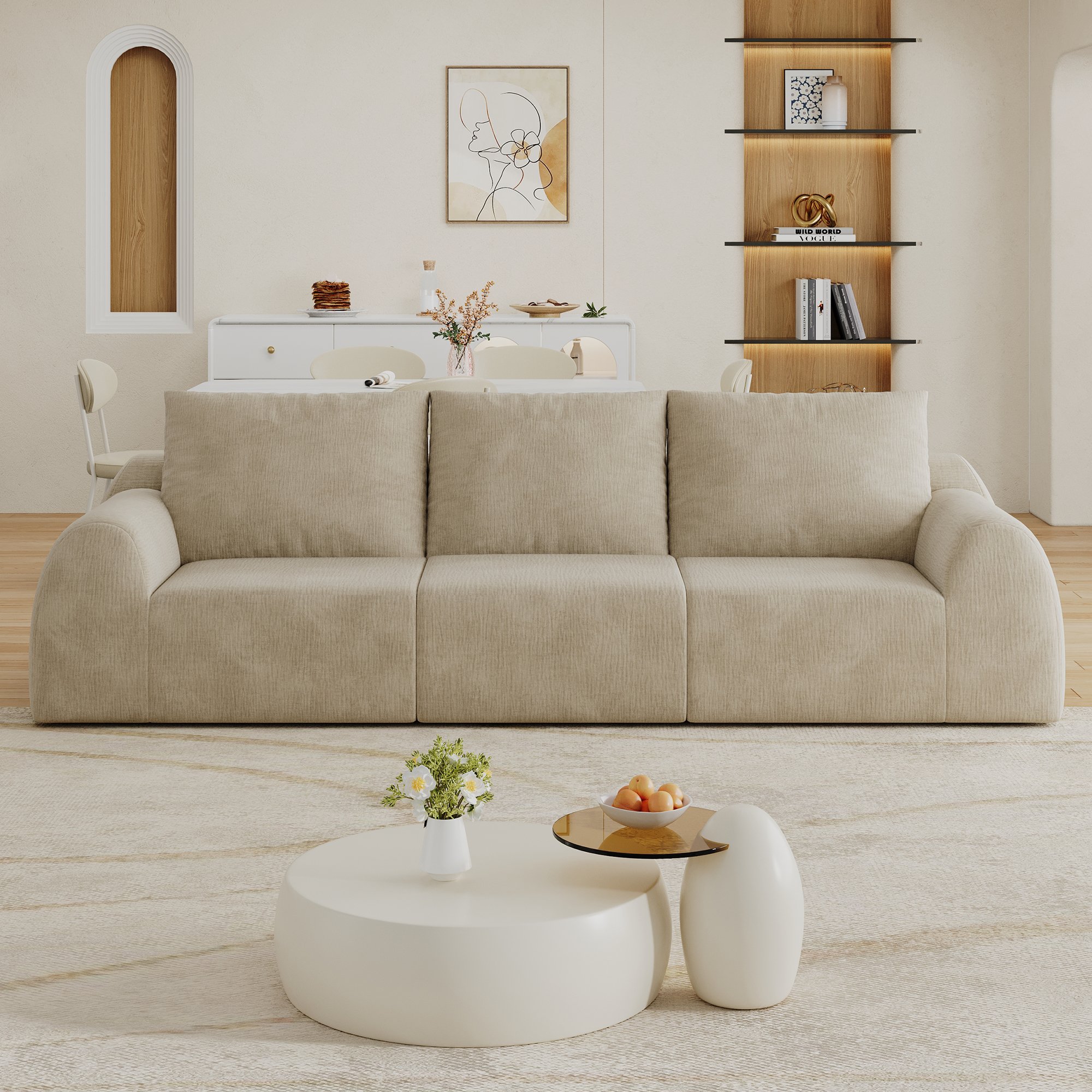 Canapé droit 257 cm largeur totale, profondeur 95 cm hauteur 85 cm, poids 42,2 kg, expédition sous vide en 3 colis, prêt à installer