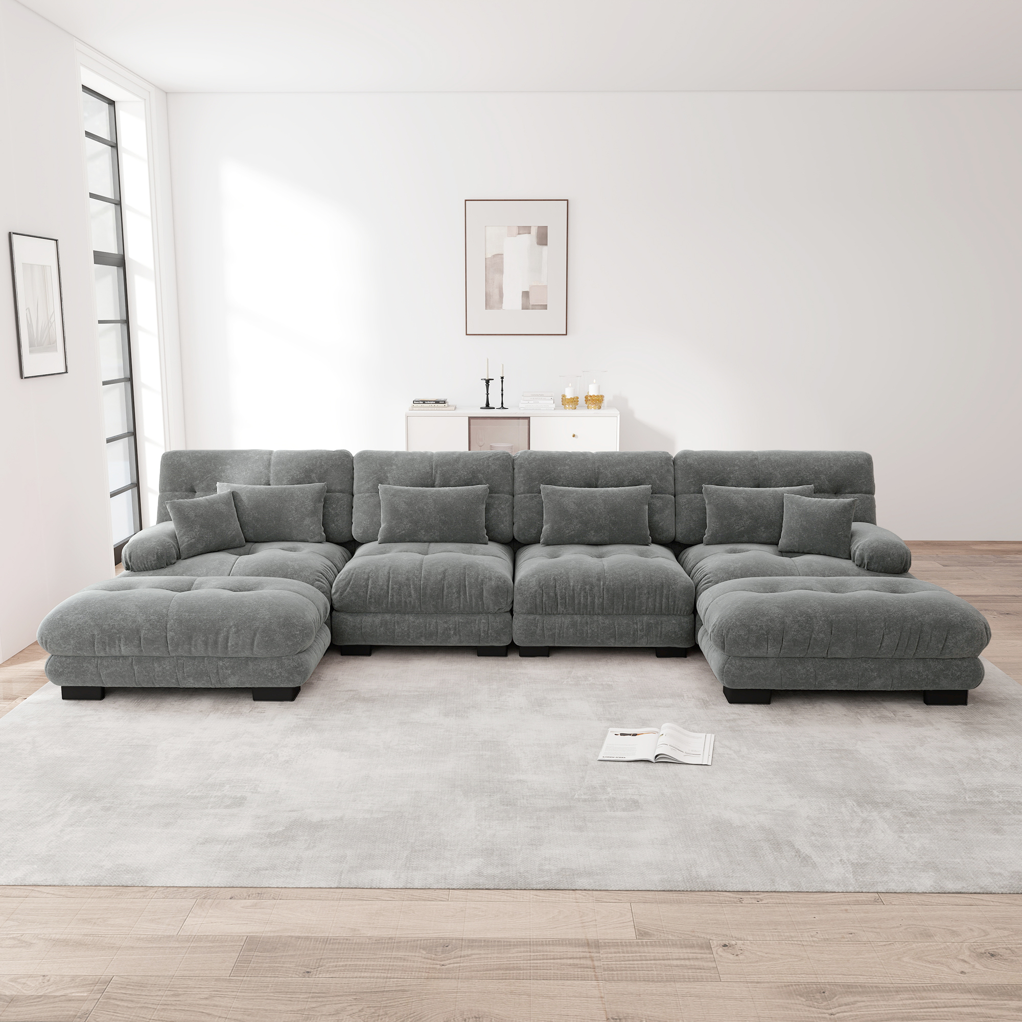 Canapé d'angle 4 places en chenille gris avec ottoman mobile et accoudoirs ronds rembourrés pour salon
