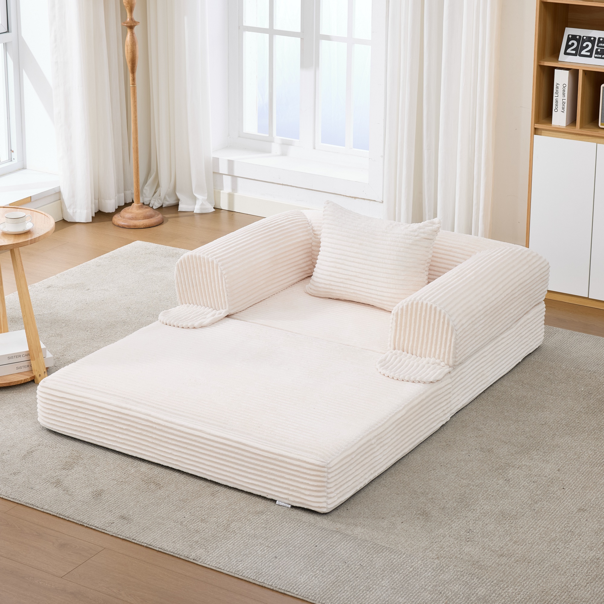 Fauteuil Convertible Lit Invité Beige Avec Tiroir Stockage Mousse Élastique Coussin Dossier