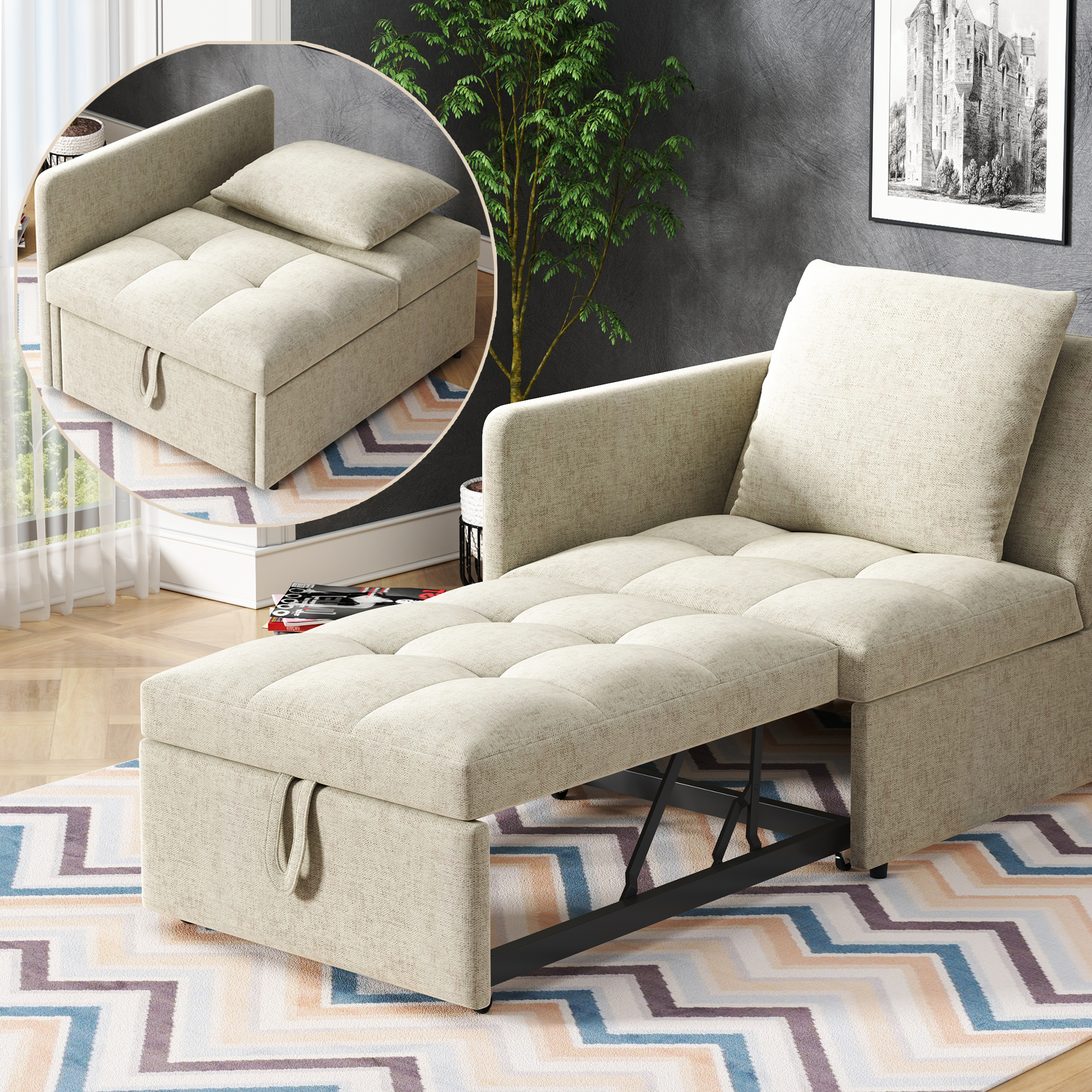 Lit avec rangement beige 177x68x65 cm en lin rembourré avec dossier réglable 5 positions et tiroirs intégrés