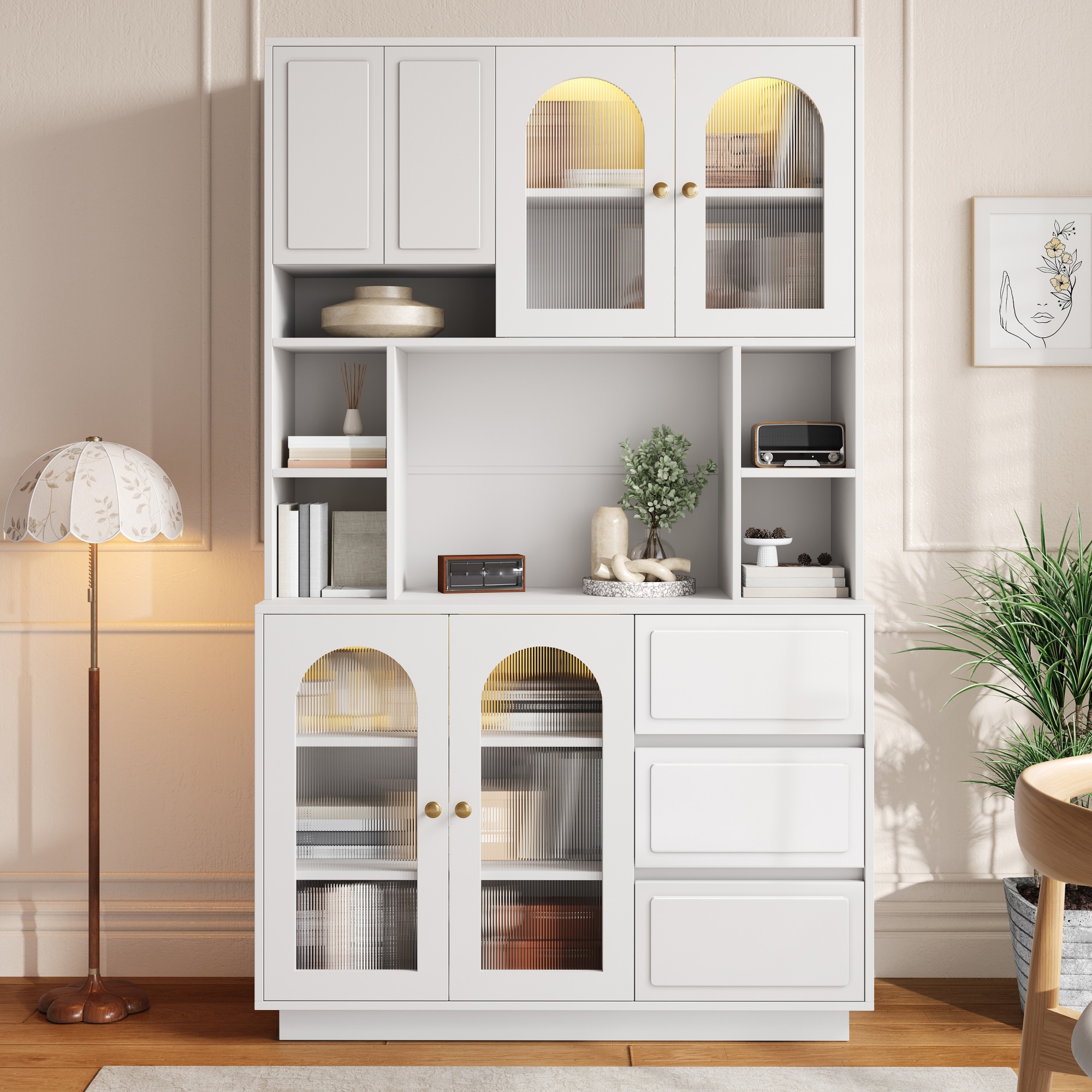 Buffet Rangement 106x30x175 cm, Meuble Cuisine Haut avec Zone Bar Ouverte, LED Connectée et Rangements Multiples