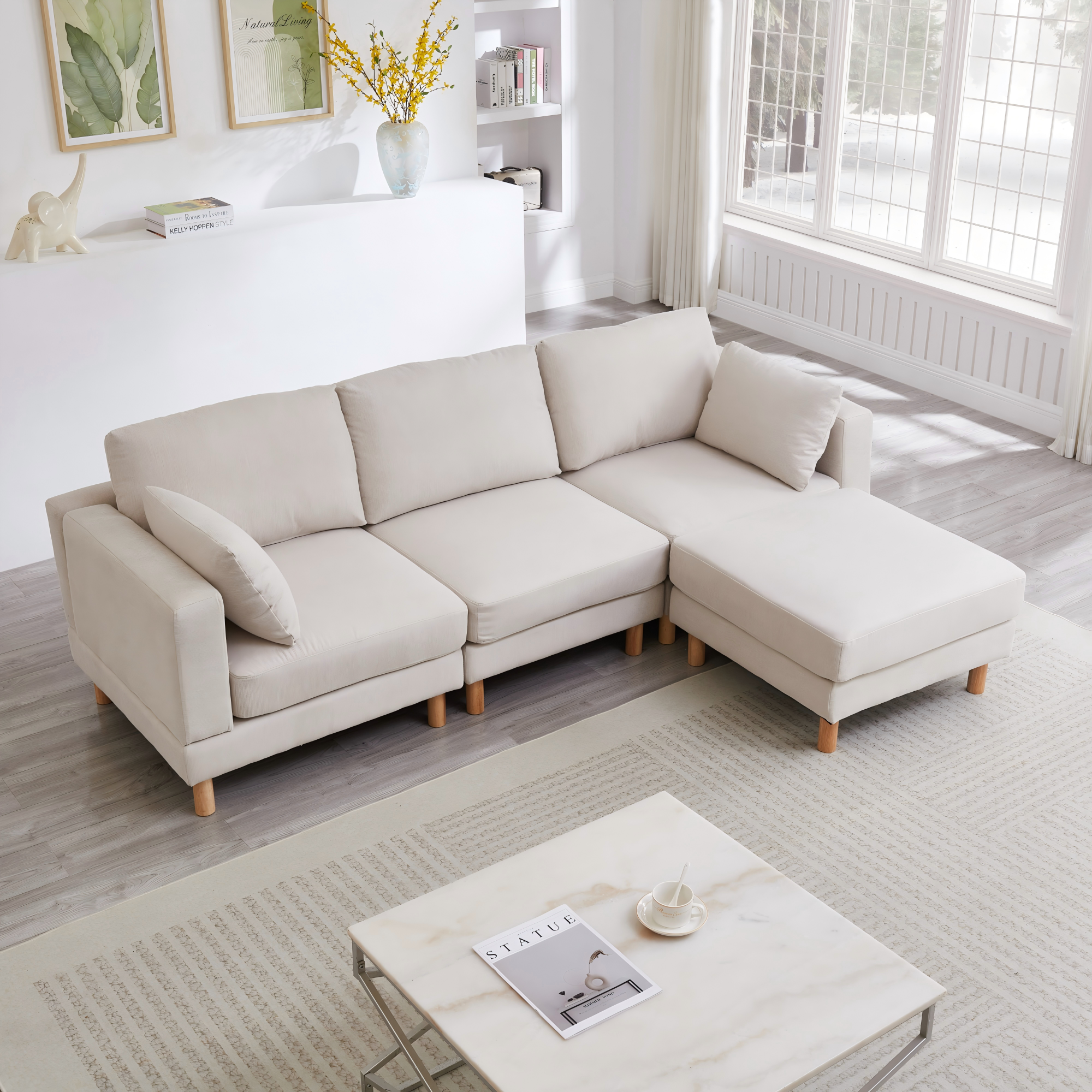 Canapé d'angle modulable 3 places avec pouf, tissu polyester beige, structure bois massif, design nordique moderne pour salon