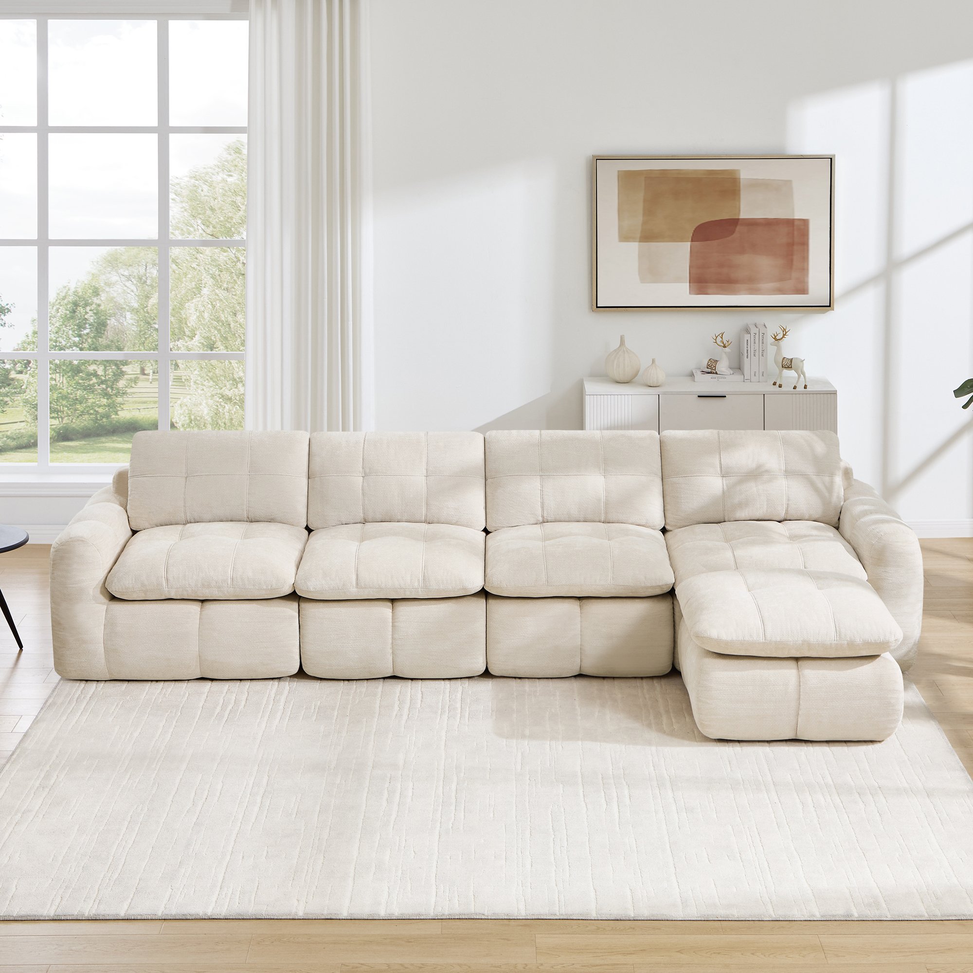 Canapé modulable 4 places en forme de L, tissu chenille beige, sans cadre, avec ottoman, dimensions 334x160x68 cm pour salon moderne