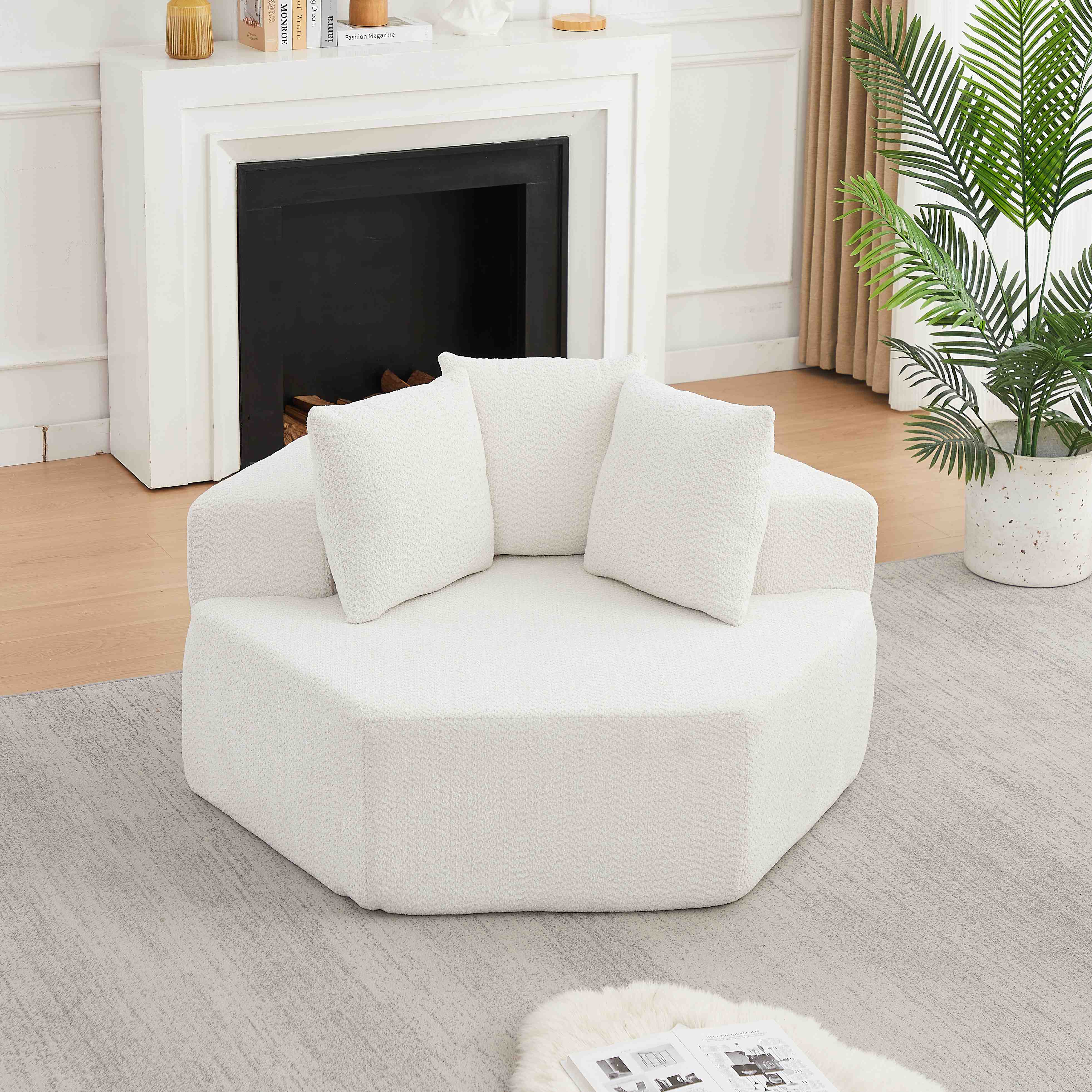 Fauteuil hexagonal 1 place en tissu chenille beige, design moderne et modularité pour le salon, confort optimal avec coussins inclus