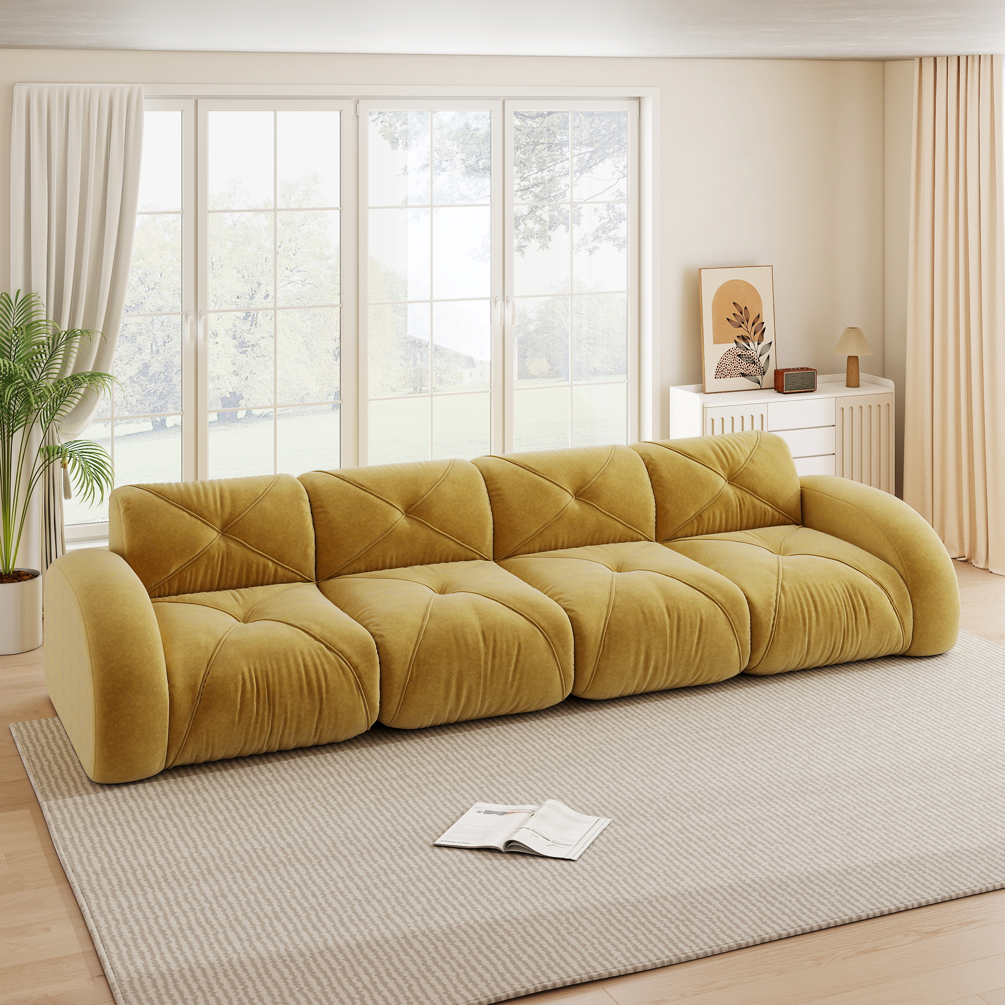 Canapé modulable chenille jaune 358x95x76 cm, assise en mousse 32D sans cadre intérieur, revêtement anti-dérapant et durable