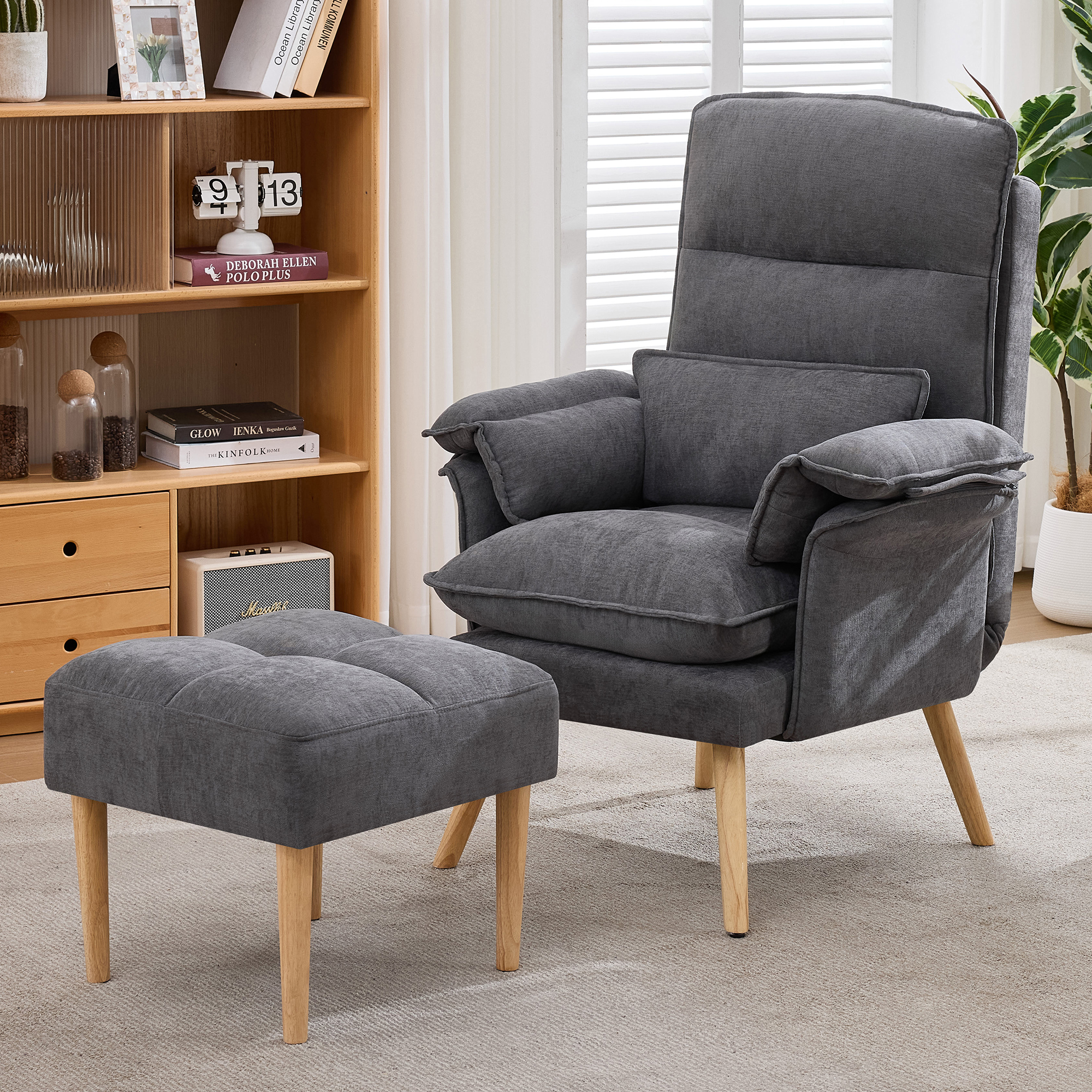 Canapé fauteuil relax 1 place avec dossier 5 positions et repose-pieds, coussin et accoudoirs rembourrés