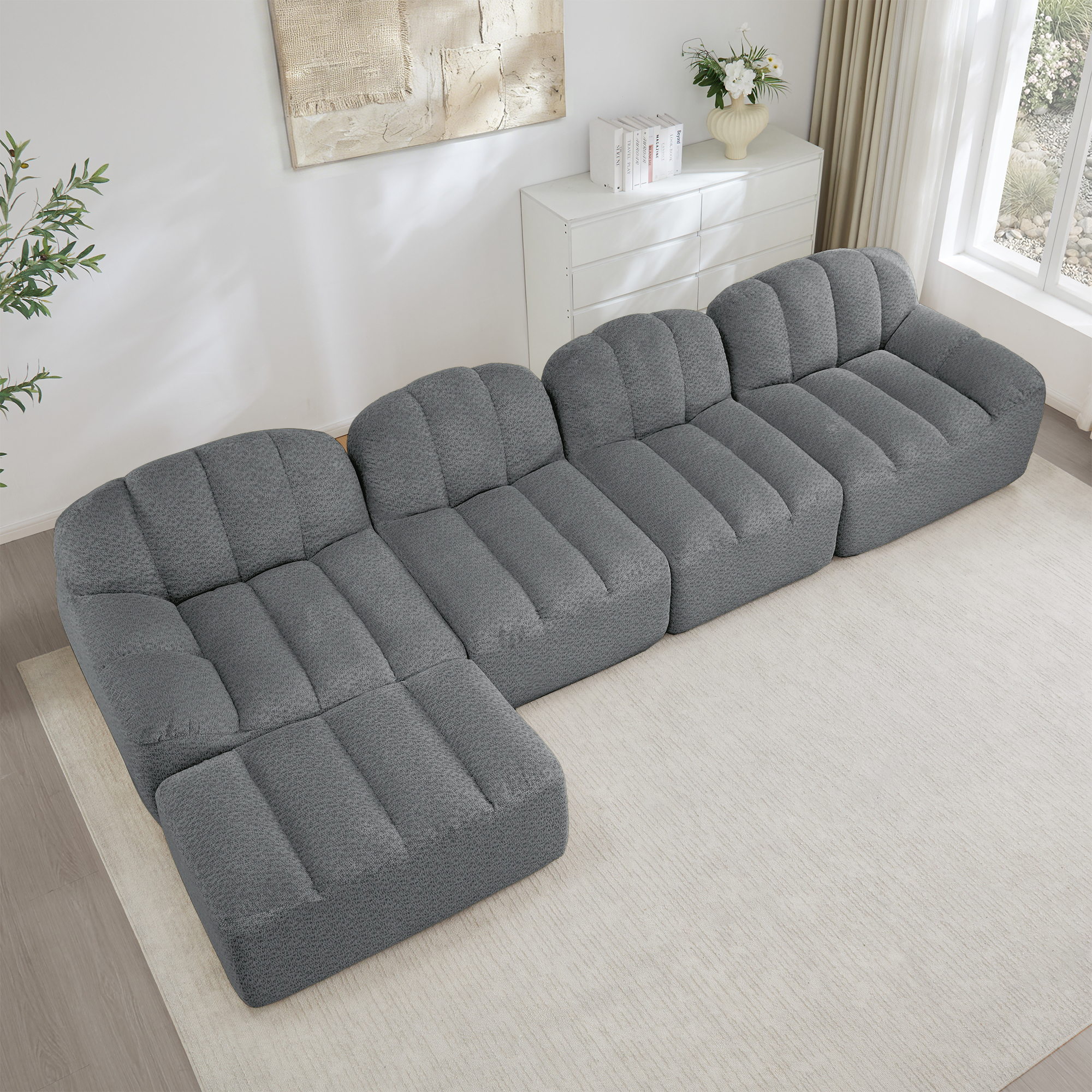 Canapé Modulable 4 Places Gris, Canapé d'Angle Sans Dossier en Tissu Molleton Granuleux avec Ottoman, Design Moderne Salon