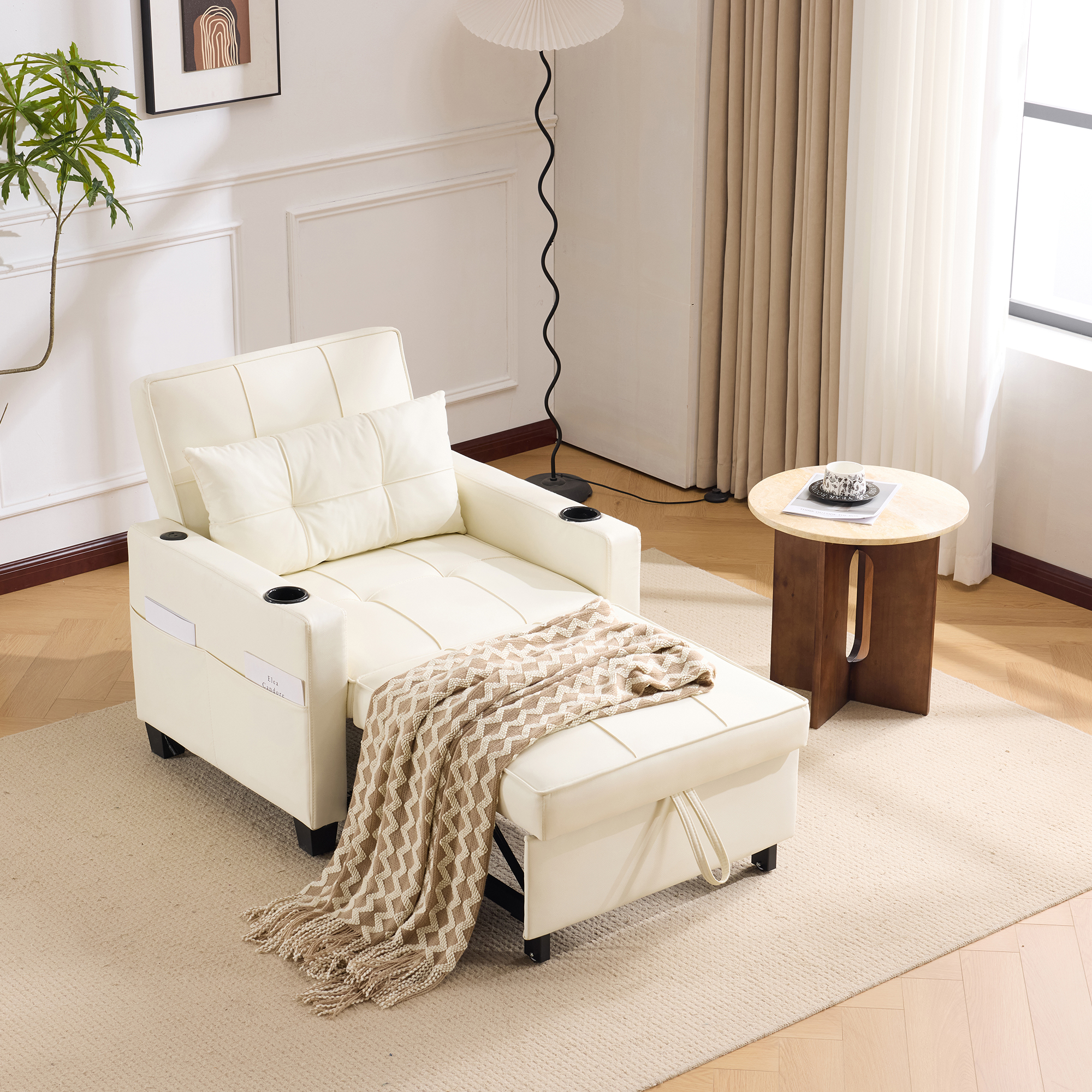 Fauteuil Convertible Blanc 1 Place - Canapé Lit Extensible avec USB et Porte-Gobelets, Design Moderne