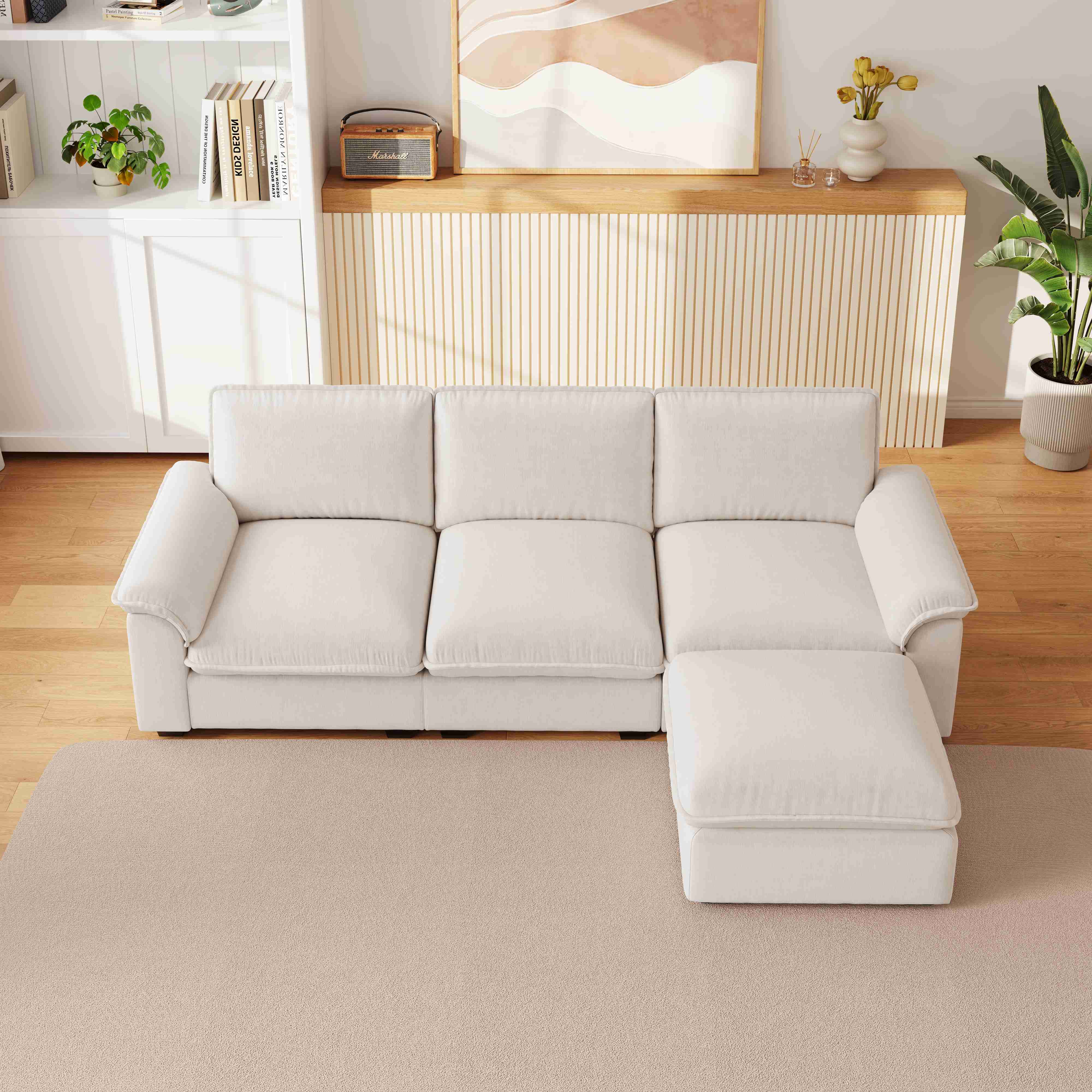 Canapé d'angle 4 places beige en tissu chenille respirant avec ottomane modulable, coussins ergonomiques et housse lavable pour salon moderne